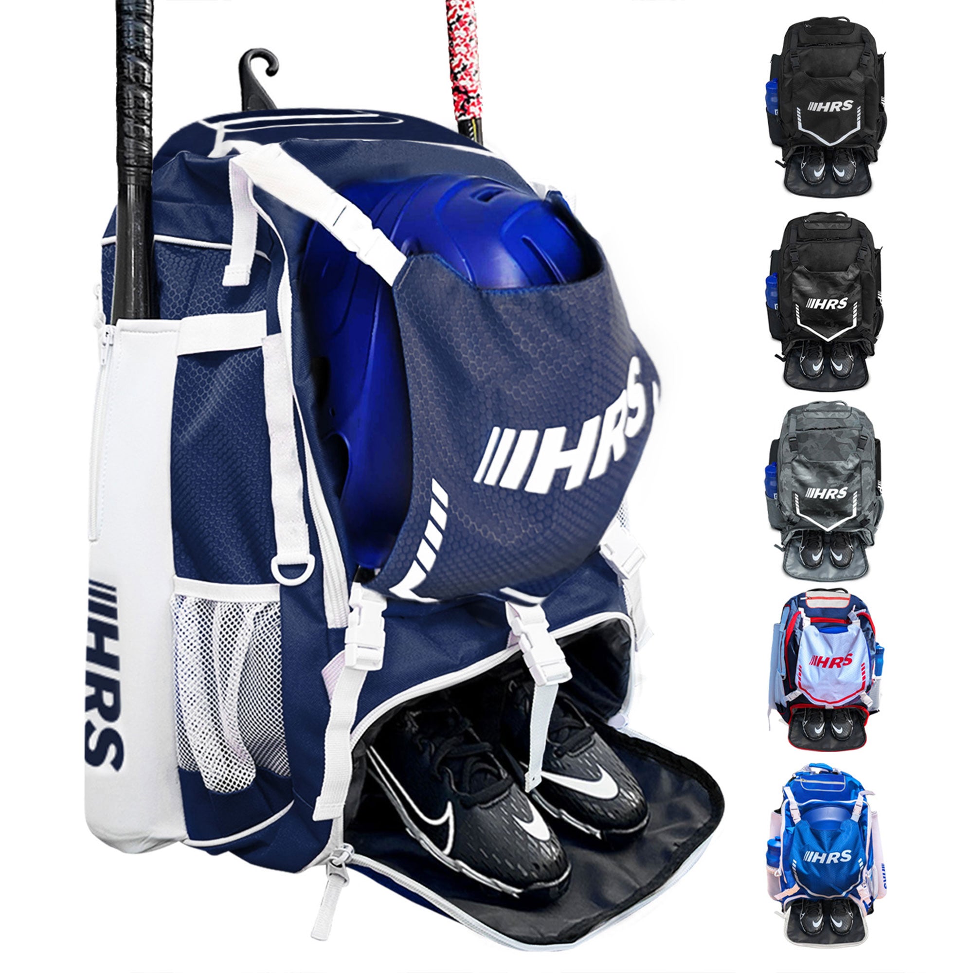 Hit Run Steal Bat Bag Backpack, Holds up to 4 Bats, Glove, and Helmet, Navy Blue - Smart-nests