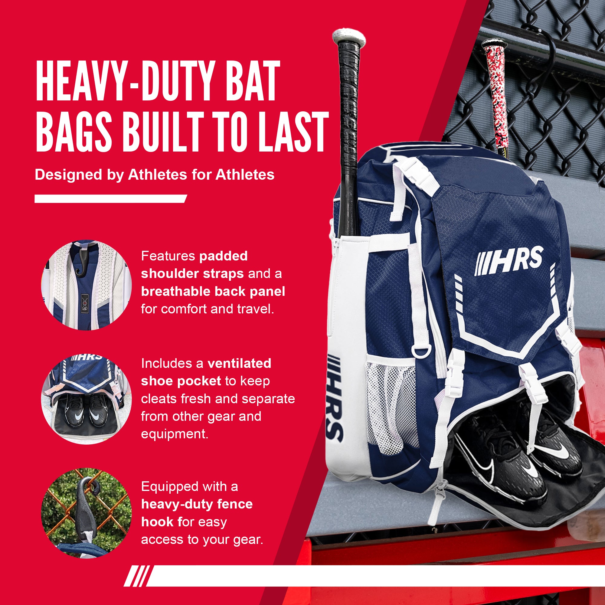 Hit Run Steal Bat Bag Backpack, Holds up to 4 Bats, Glove, and Helmet, Navy Blue - Smart-nests
