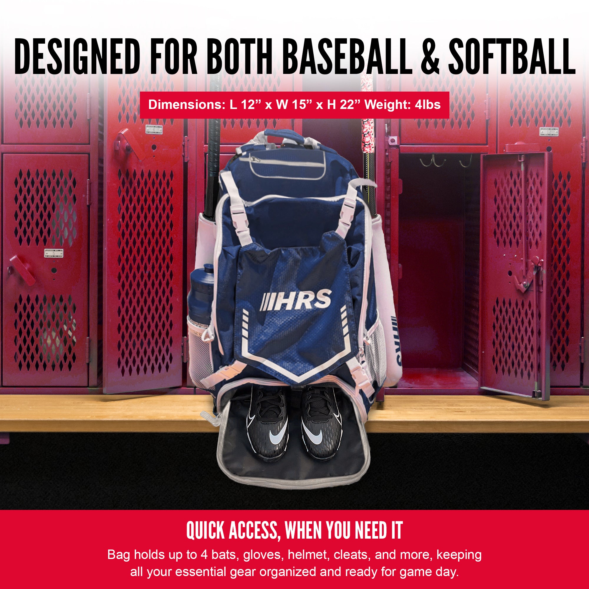Hit Run Steal Bat Bag Backpack, Holds up to 4 Bats, Glove, and Helmet, Navy Blue - Smart-nests