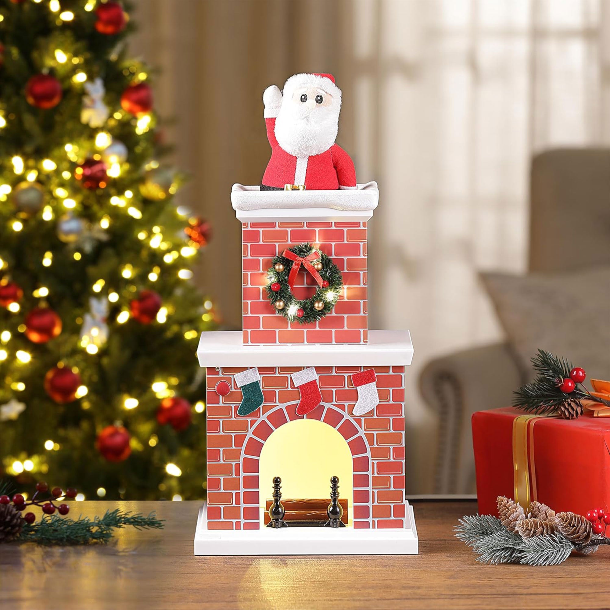 Mr. Christmas 18 Inch Animated Santa in Chimney with LED Lights and Music, White - Smart-nests