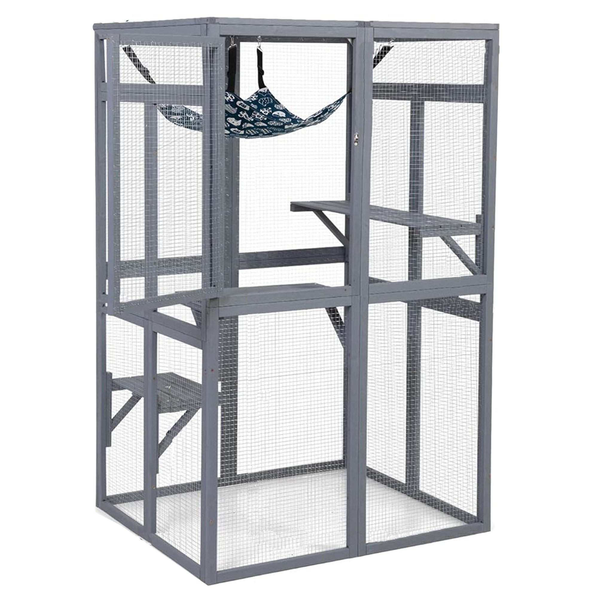 COZIWOW Outdoor Wooden Cat House Enclosure with Window Access, 3 Platforms, Grey - Smart-nests