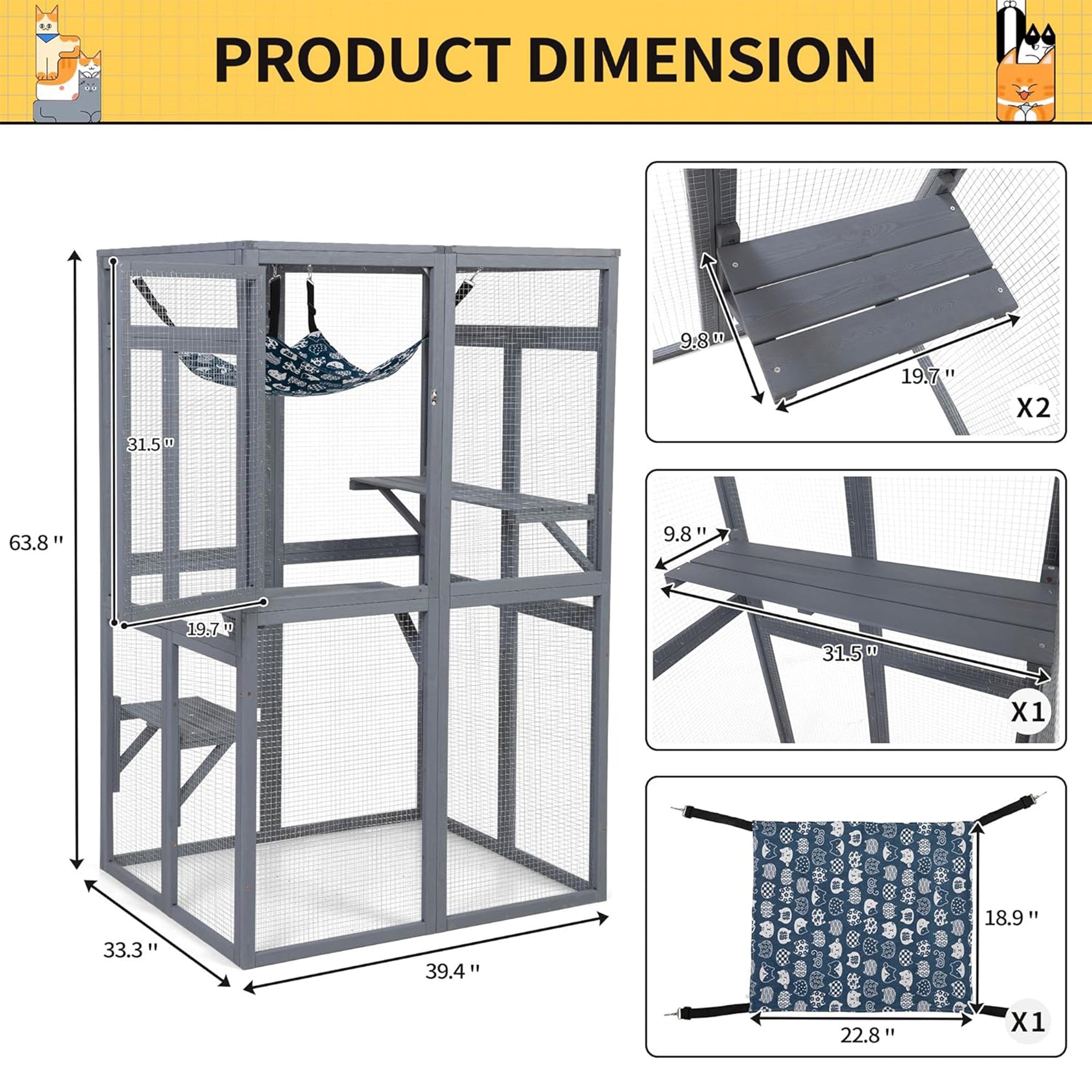 COZIWOW Outdoor Wooden Cat House Enclosure with Window Access, 3 Platforms, Grey - Smart-nests