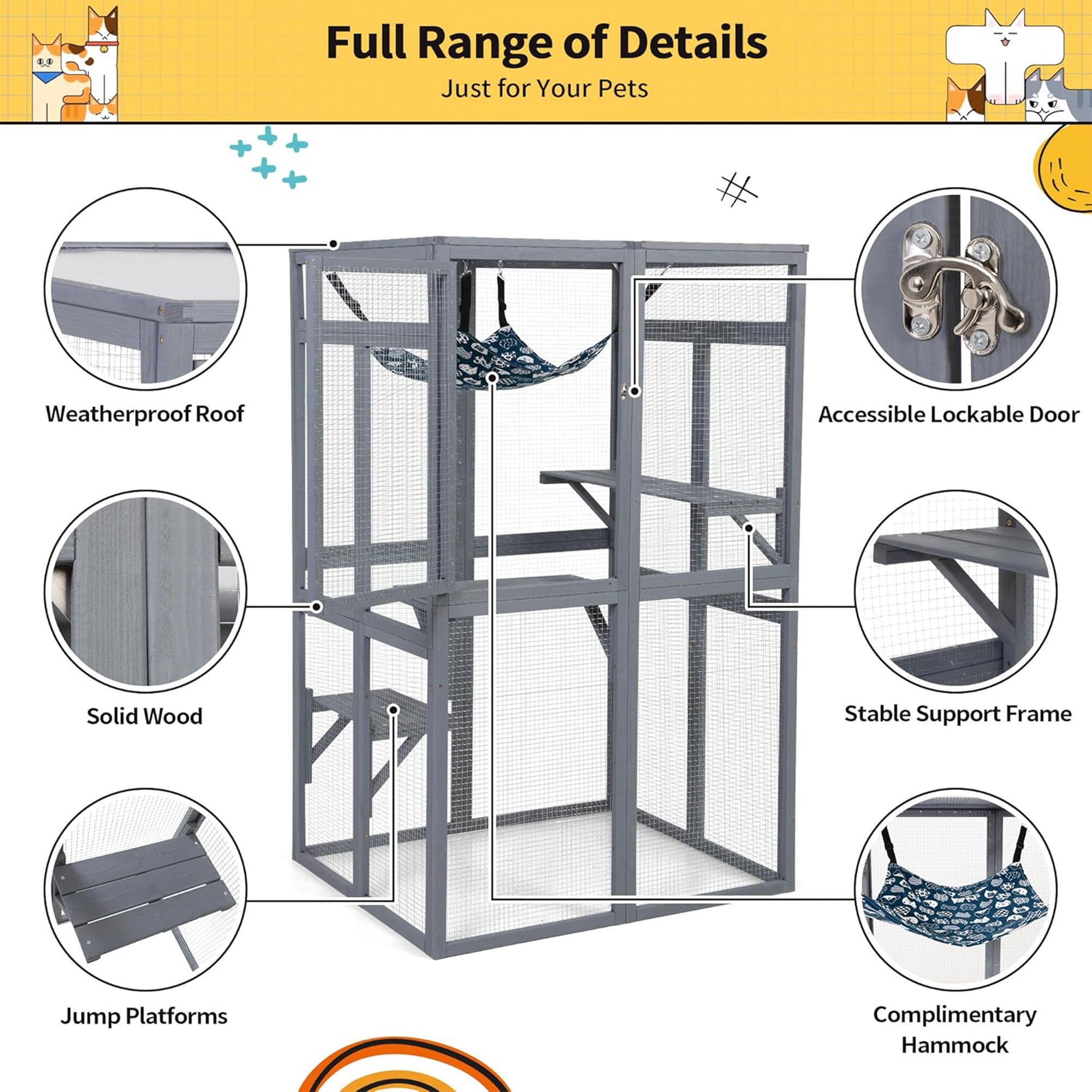 COZIWOW Outdoor Wooden Cat House Enclosure with Window Access, 3 Platforms, Grey - Smart-nests