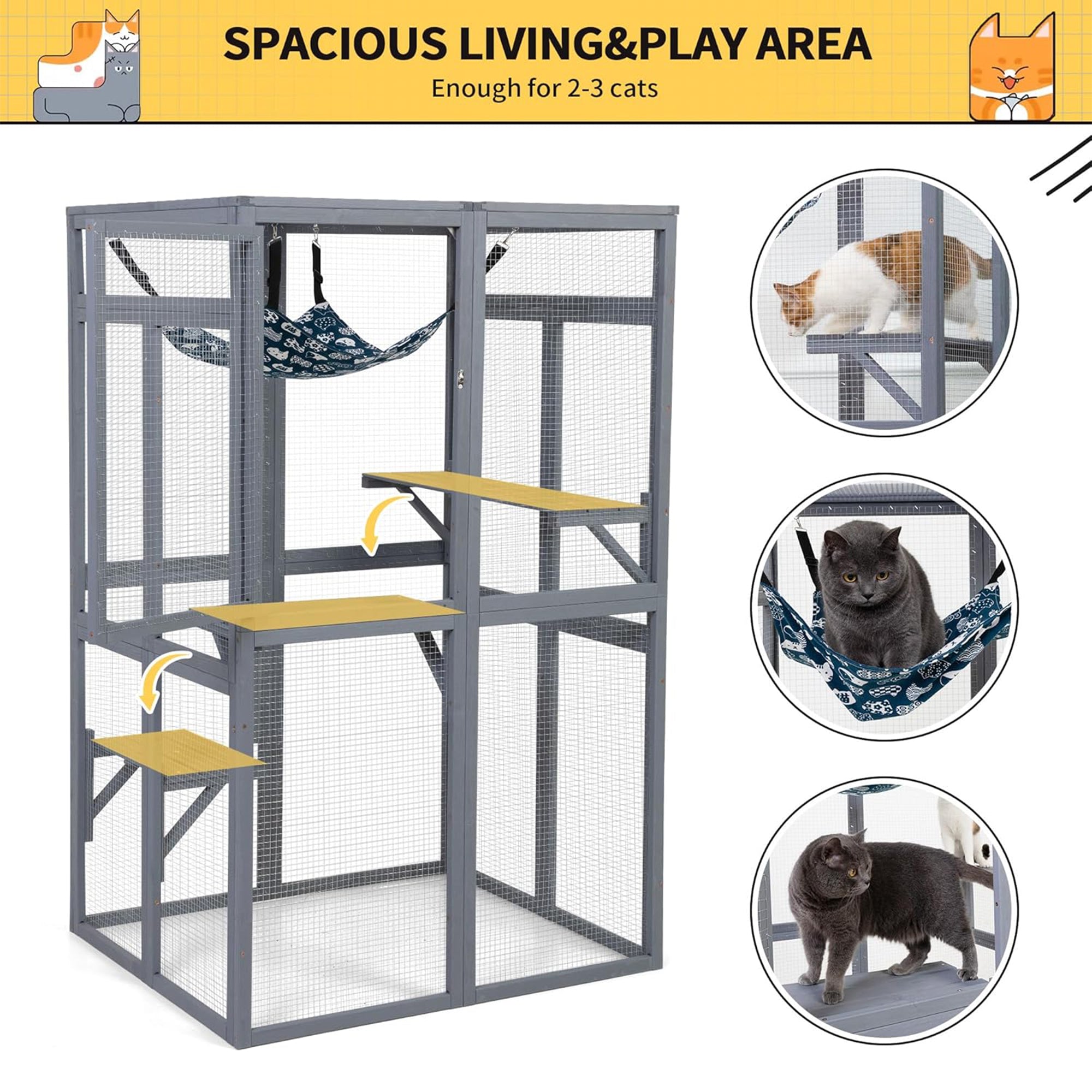 COZIWOW Outdoor Wooden Cat House Enclosure with Window Access, 3 Platforms, Grey - Smart-nests