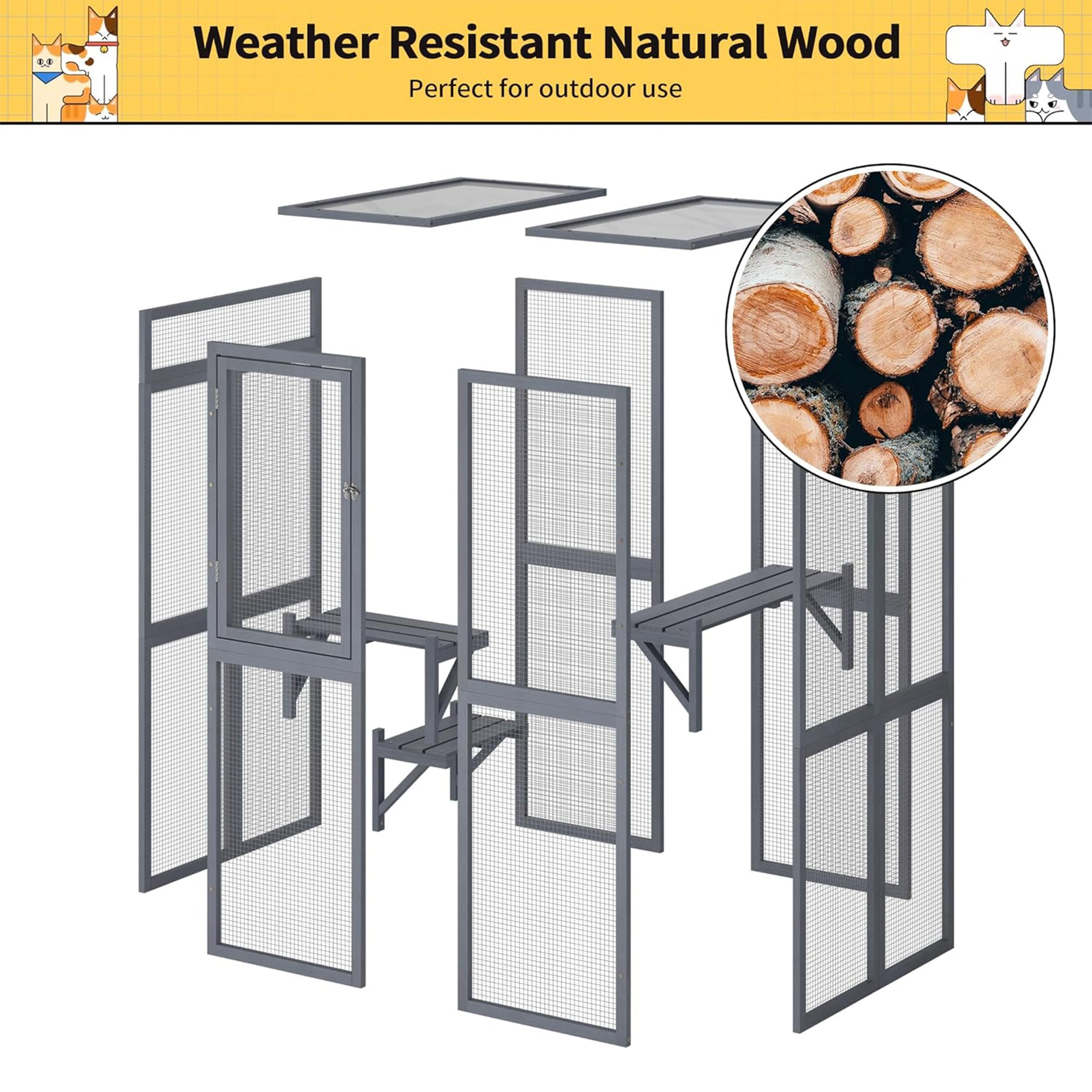 COZIWOW Outdoor Wooden Cat House Enclosure with Window Access, 3 Platforms, Grey - Smart-nests