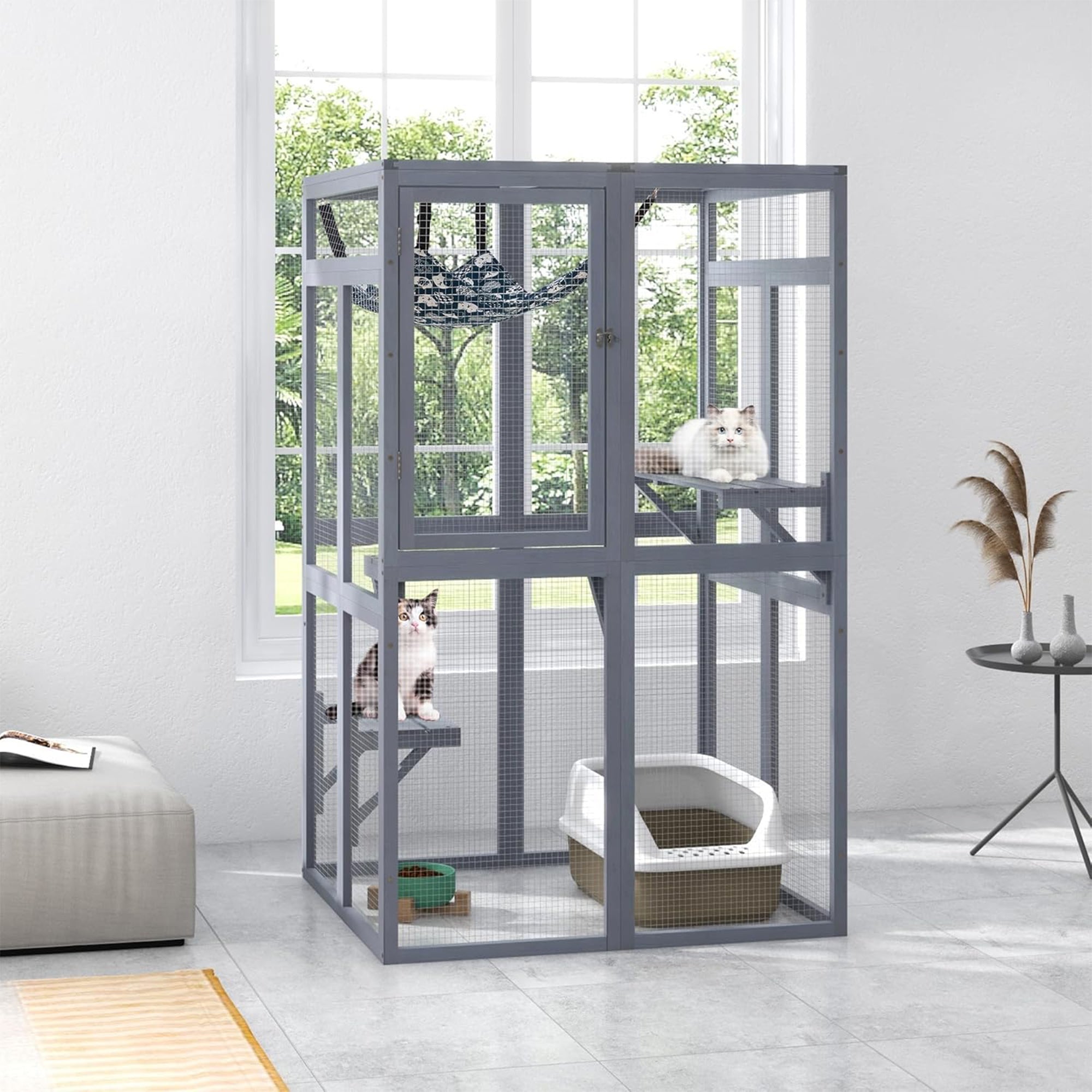 COZIWOW Outdoor Wooden Cat House Enclosure with Window Access, 3 Platforms, Grey - Smart-nests
