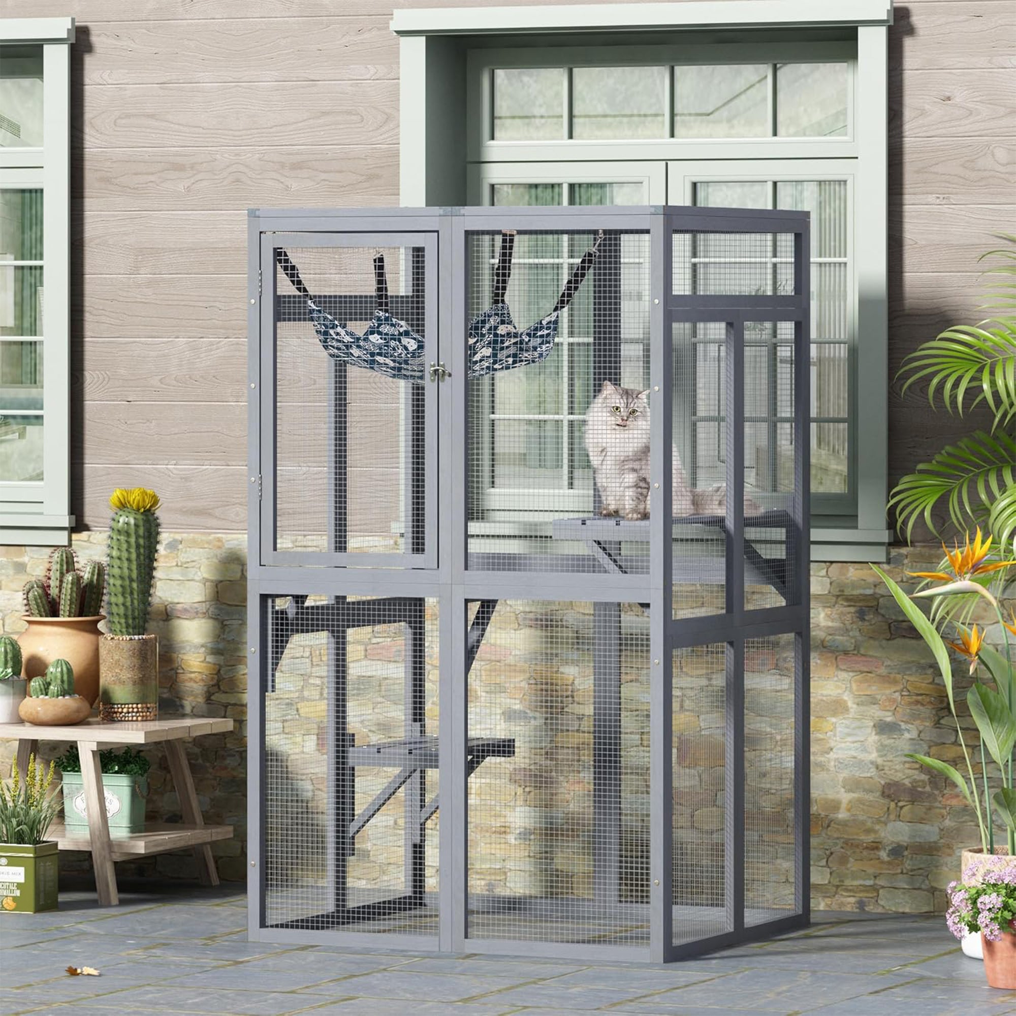 COZIWOW Outdoor Wooden Cat House Enclosure with Window Access, 3 Platforms, Grey - Smart-nests