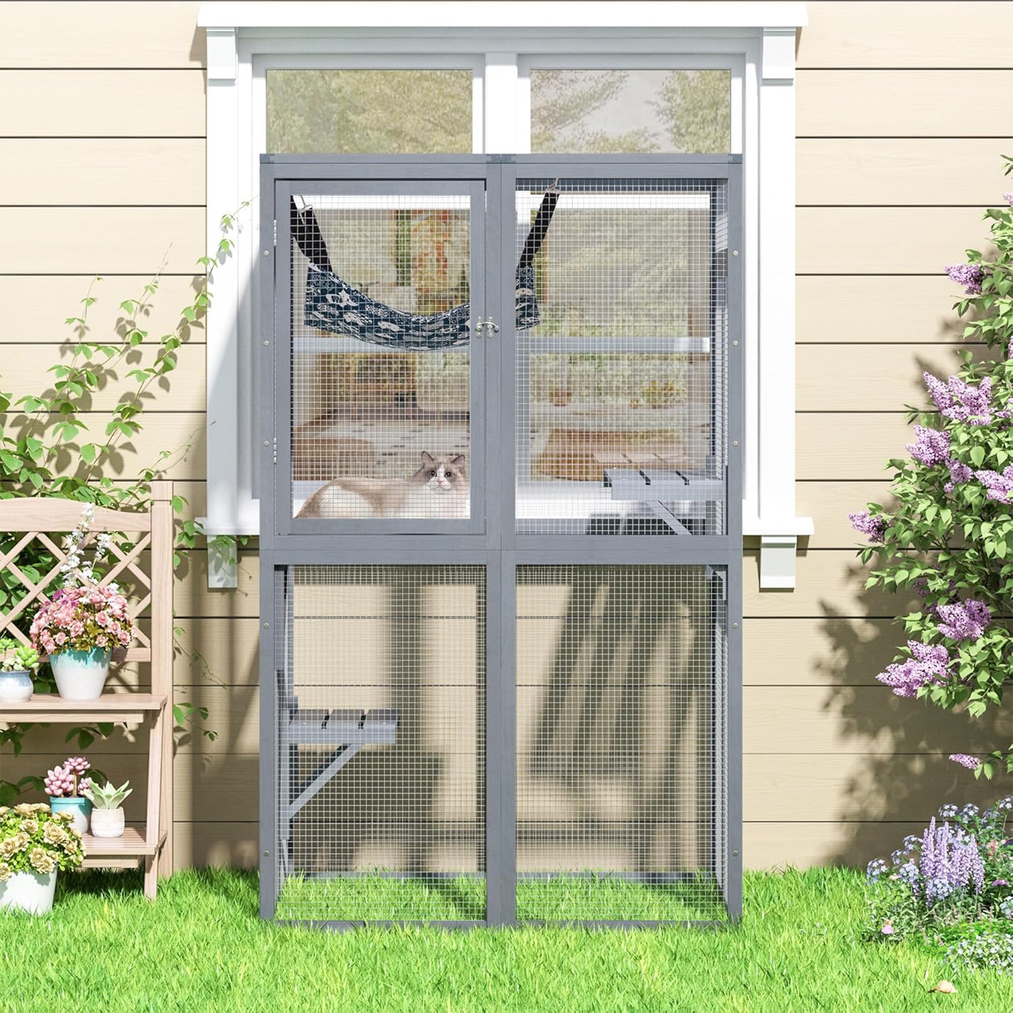 COZIWOW Outdoor Wooden Cat House Enclosure with Window Access, 3 Platforms, Grey - Smart-nests