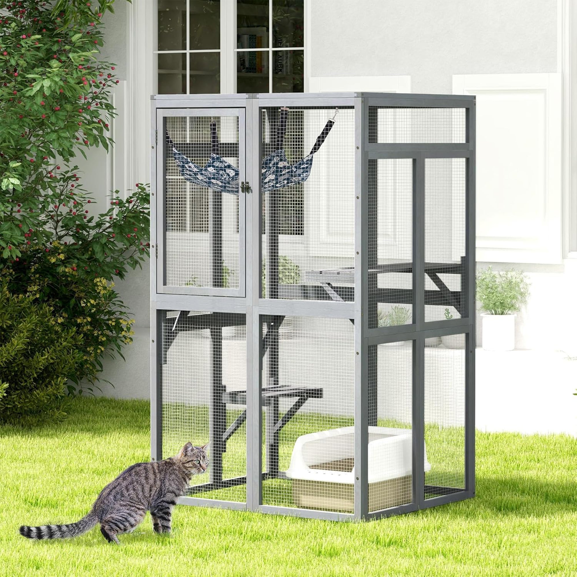 COZIWOW Outdoor Wooden Cat House Enclosure with Window Access, 3 Platforms, Grey - Smart-nests