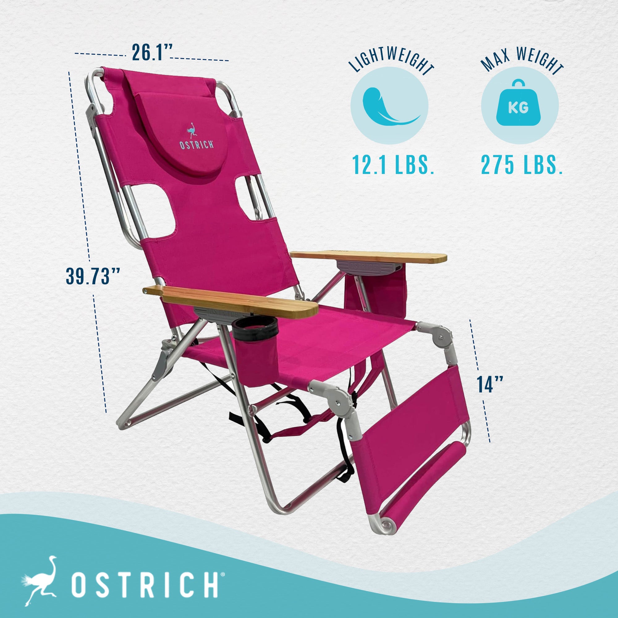 Deltess Ostrich 3 In 1 Portable Chair Cooler Bag & Reclining Lounger, Pink - Smart-nests