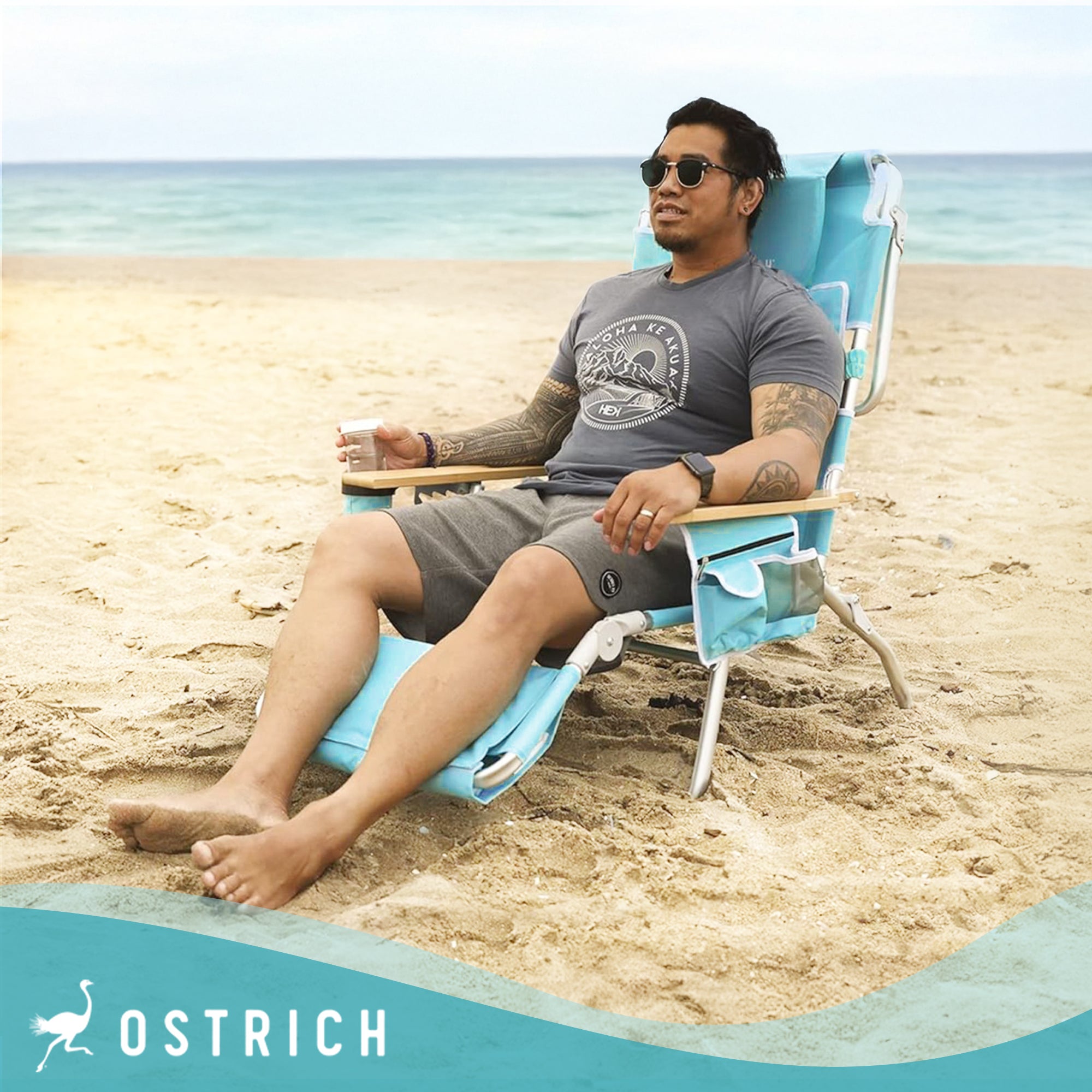 Ostrich Deluxe 3N1 Lightweight Outdoor Lawn Beach Lounge Chair w/Footrest, Aqua