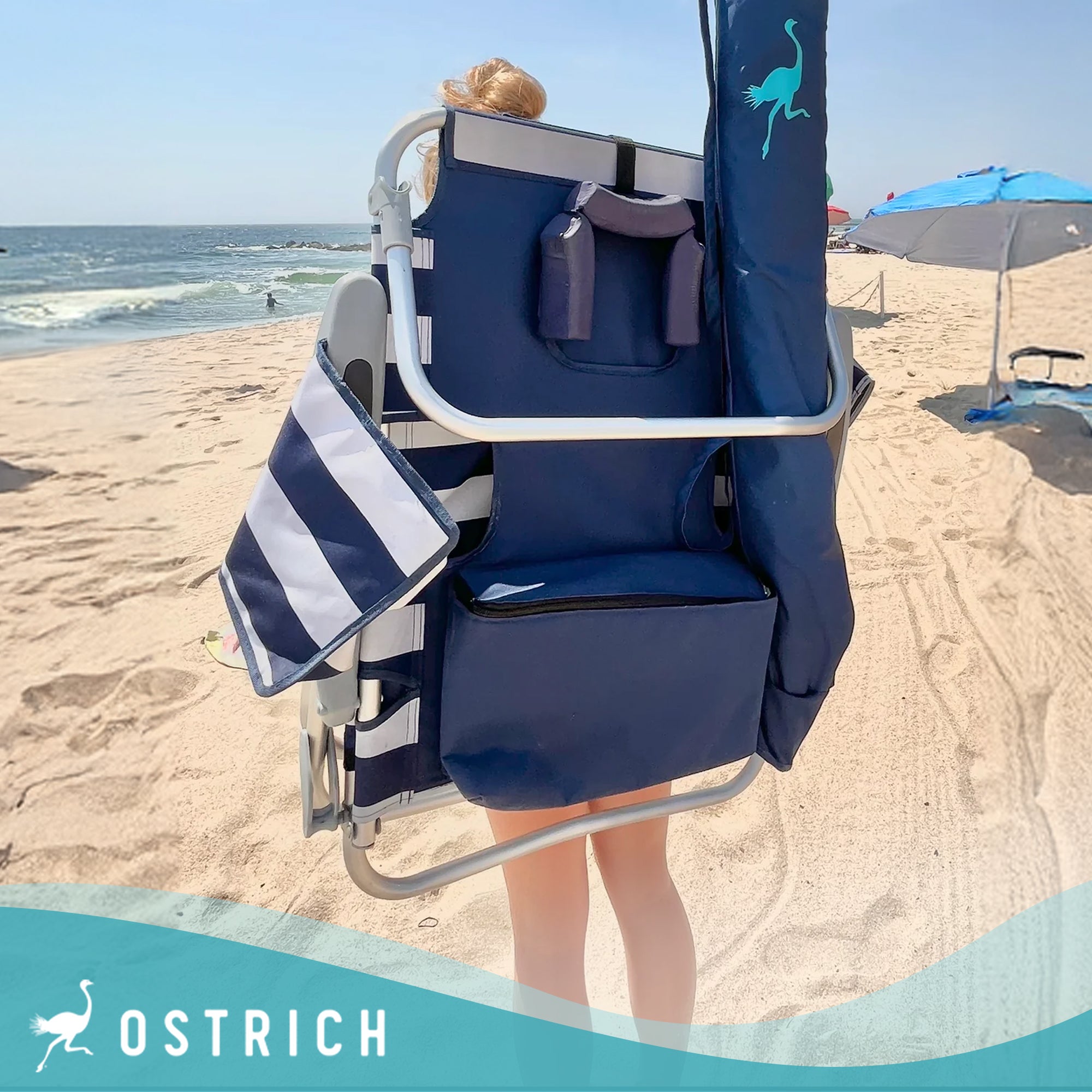 Ostrich Deluxe On-Your-Back Backpack Reclining Beach Pool Camping Chair, Striped - Smart-nests