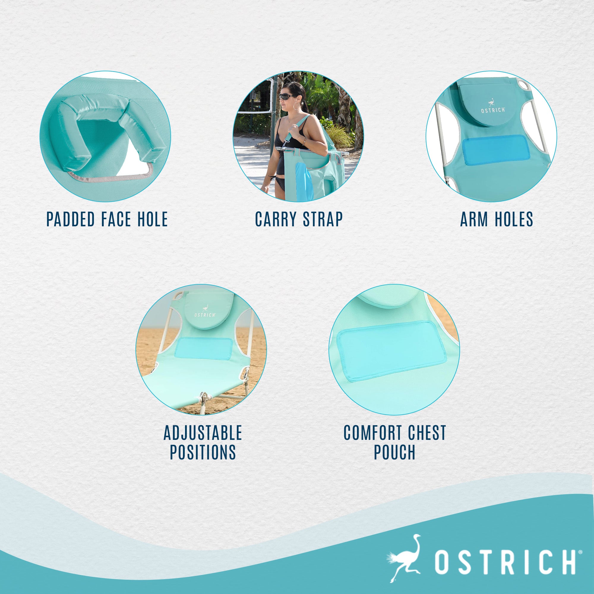 Ostrich Ladies Comfort Lounger, Foldable Beach Camping Pool Tanning Chair, Aqua