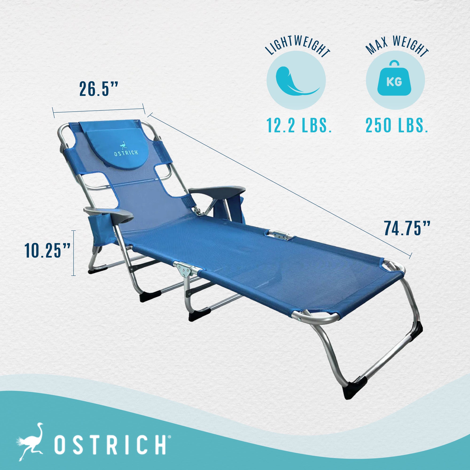 Ostrich Margate Chaise Lounge, Facedown Beach Camping Pool Tanning Chair, Blue - Smart-nests