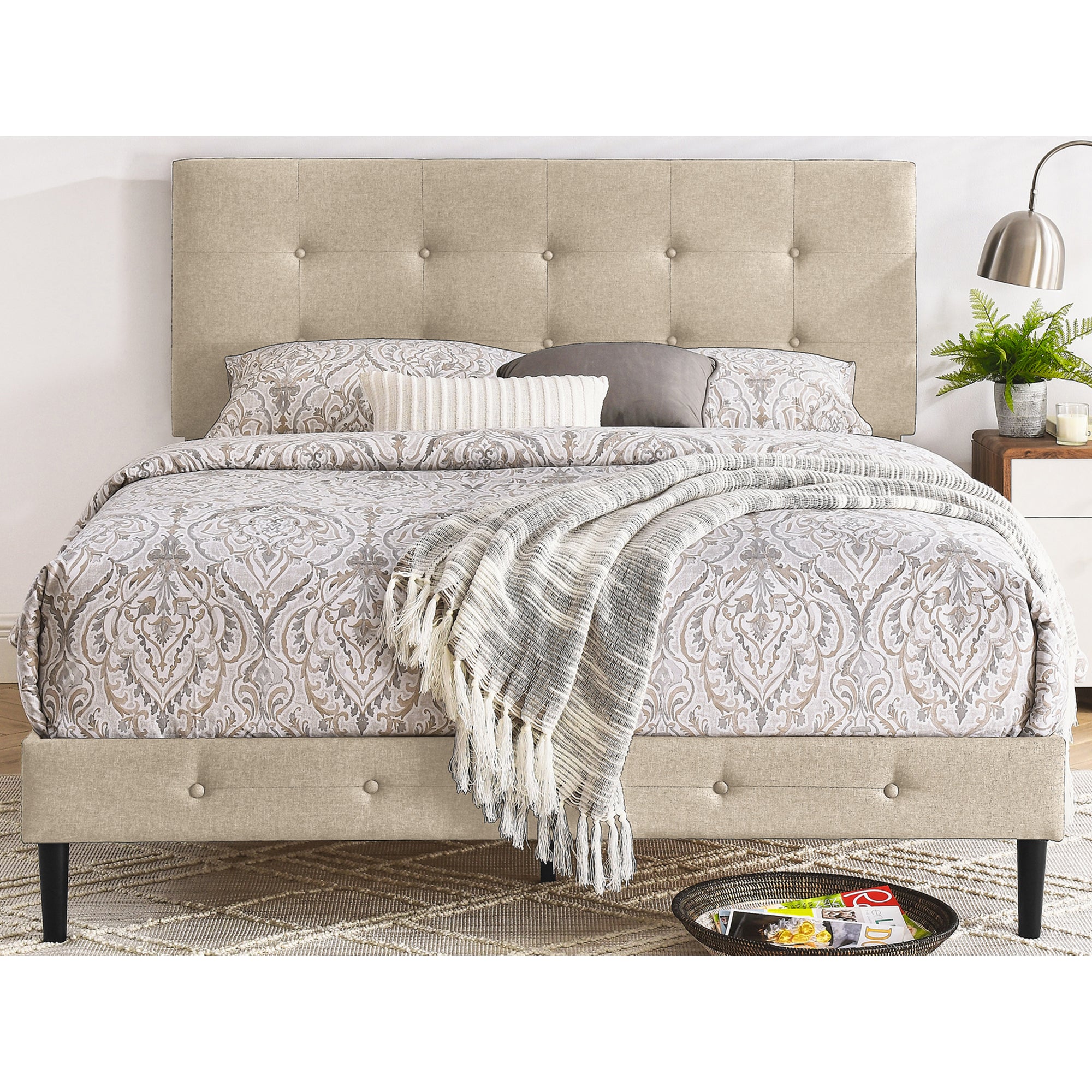 DeCoro Cambridge Upholstered Wooden Platform Bed Frame w/Headboard, King, Linen - Smart-nests
