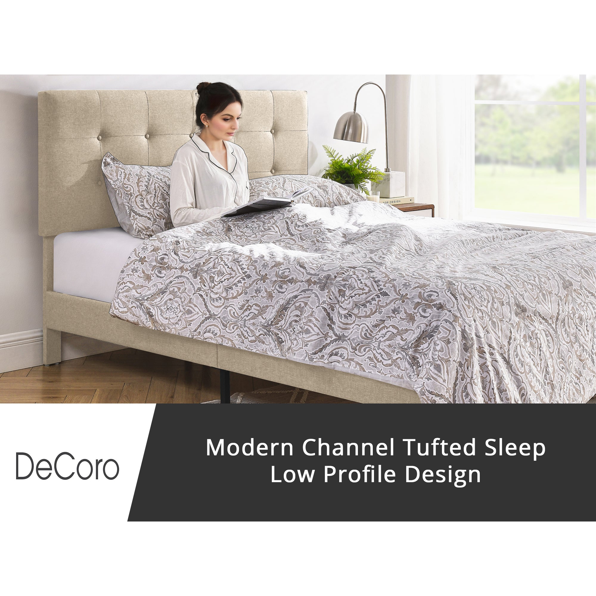 DeCoro Cambridge Upholstered Wooden Platform Bed Frame w/Headboard, King, Linen - Smart-nests