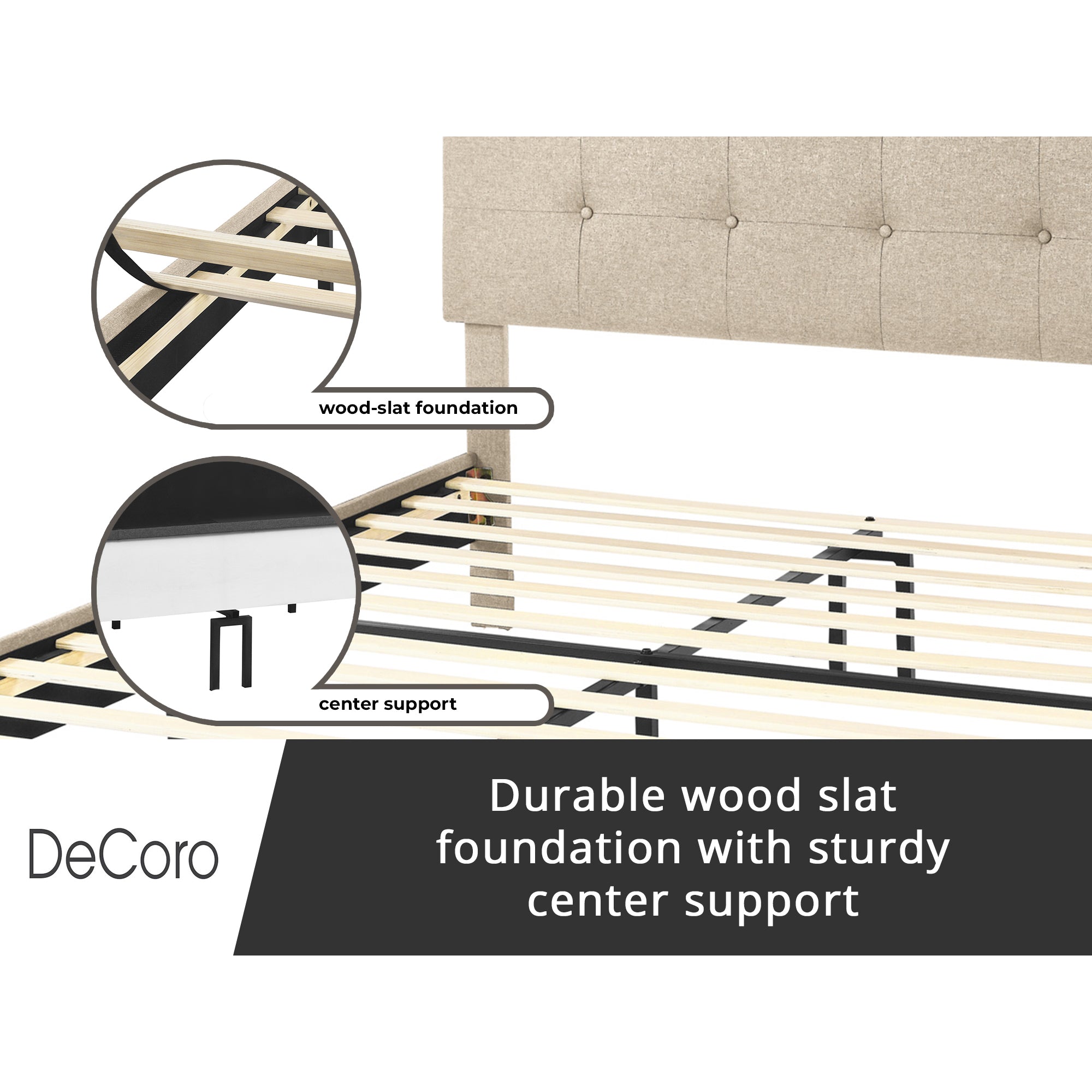 DeCoro Cambridge Upholstered Wooden Platform Bed Frame w/Headboard, King, Linen - Smart-nests