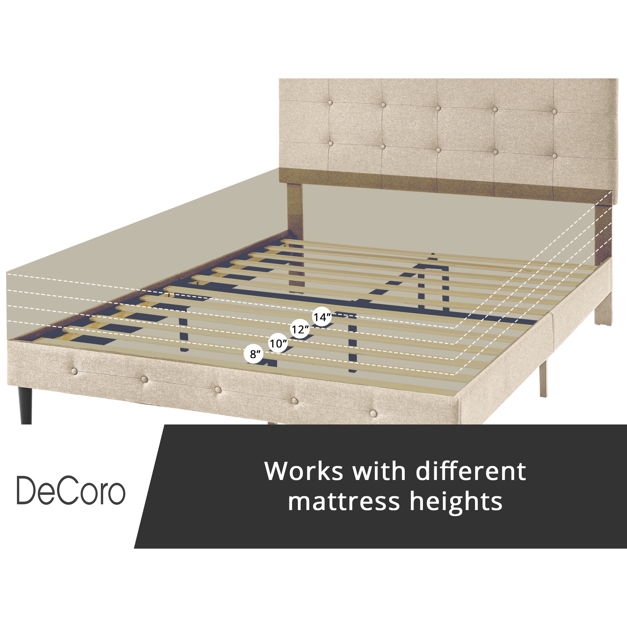 DeCoro Cambridge Upholstered Wooden Platform Bed Frame w/Headboard, King, Linen - Smart-nests