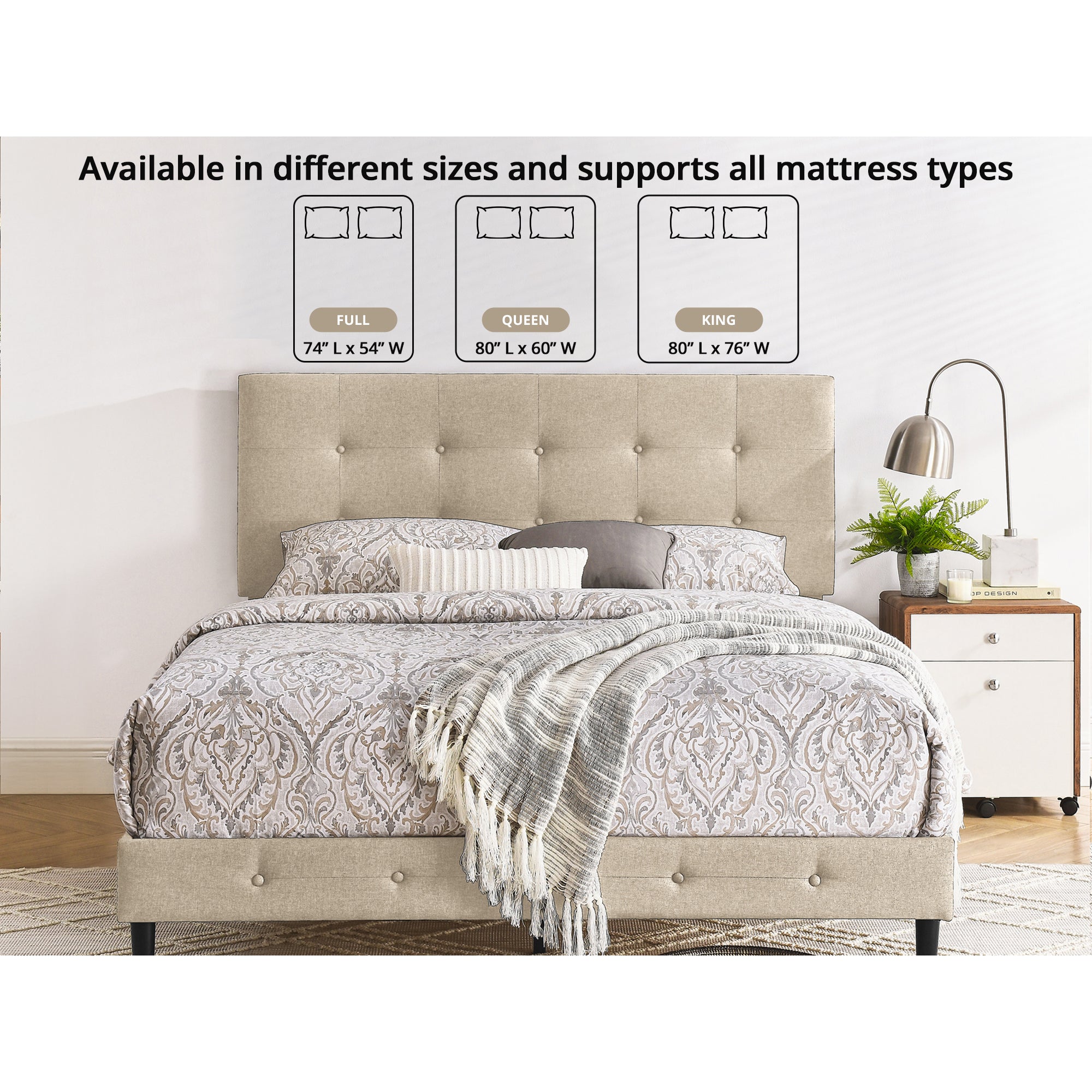 DeCoro Cambridge Upholstered Wooden Platform Bed Frame w/Headboard, King, Linen - Smart-nests