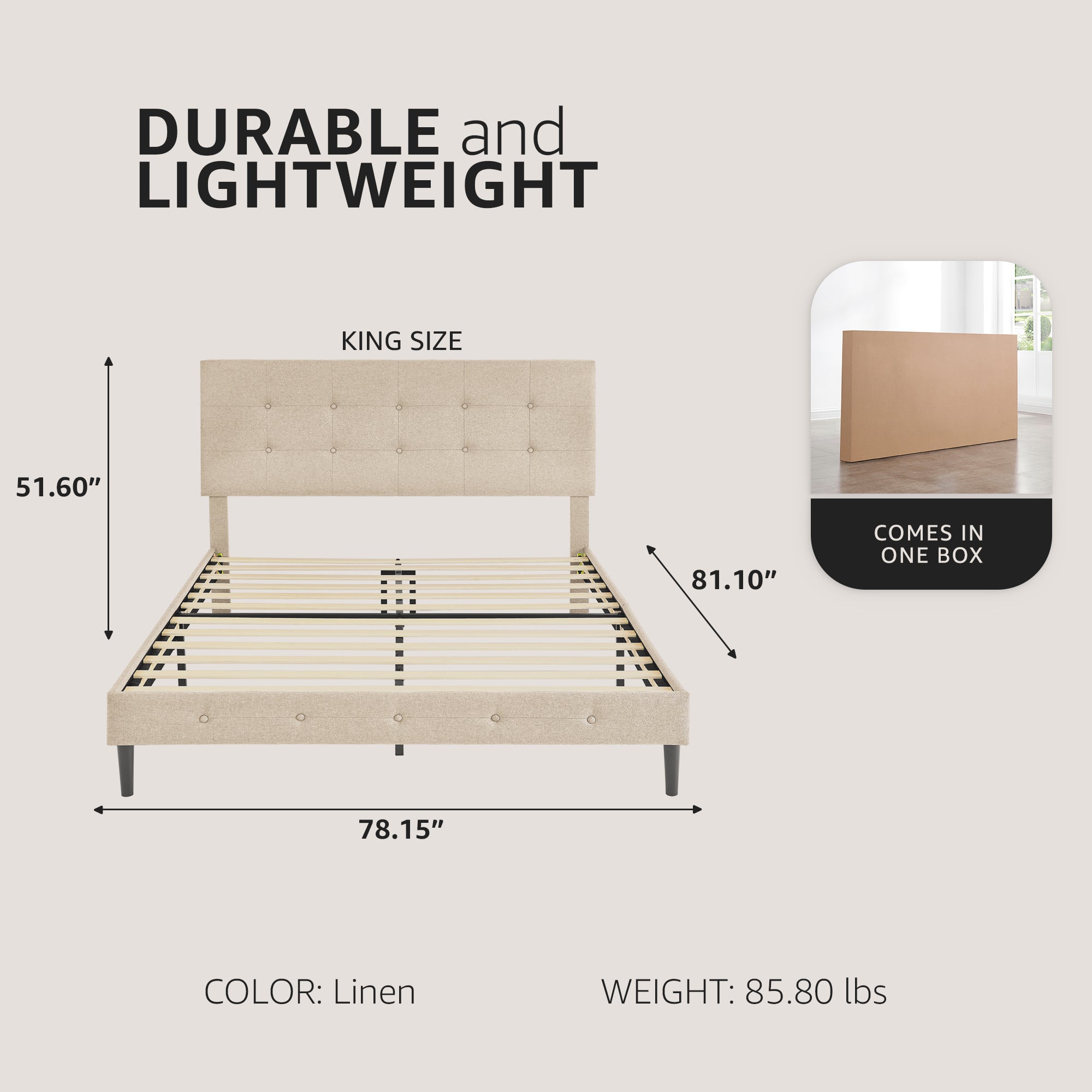 DeCoro Cambridge Upholstered Wooden Platform Bed Frame w/Headboard, King, Linen - Smart-nests