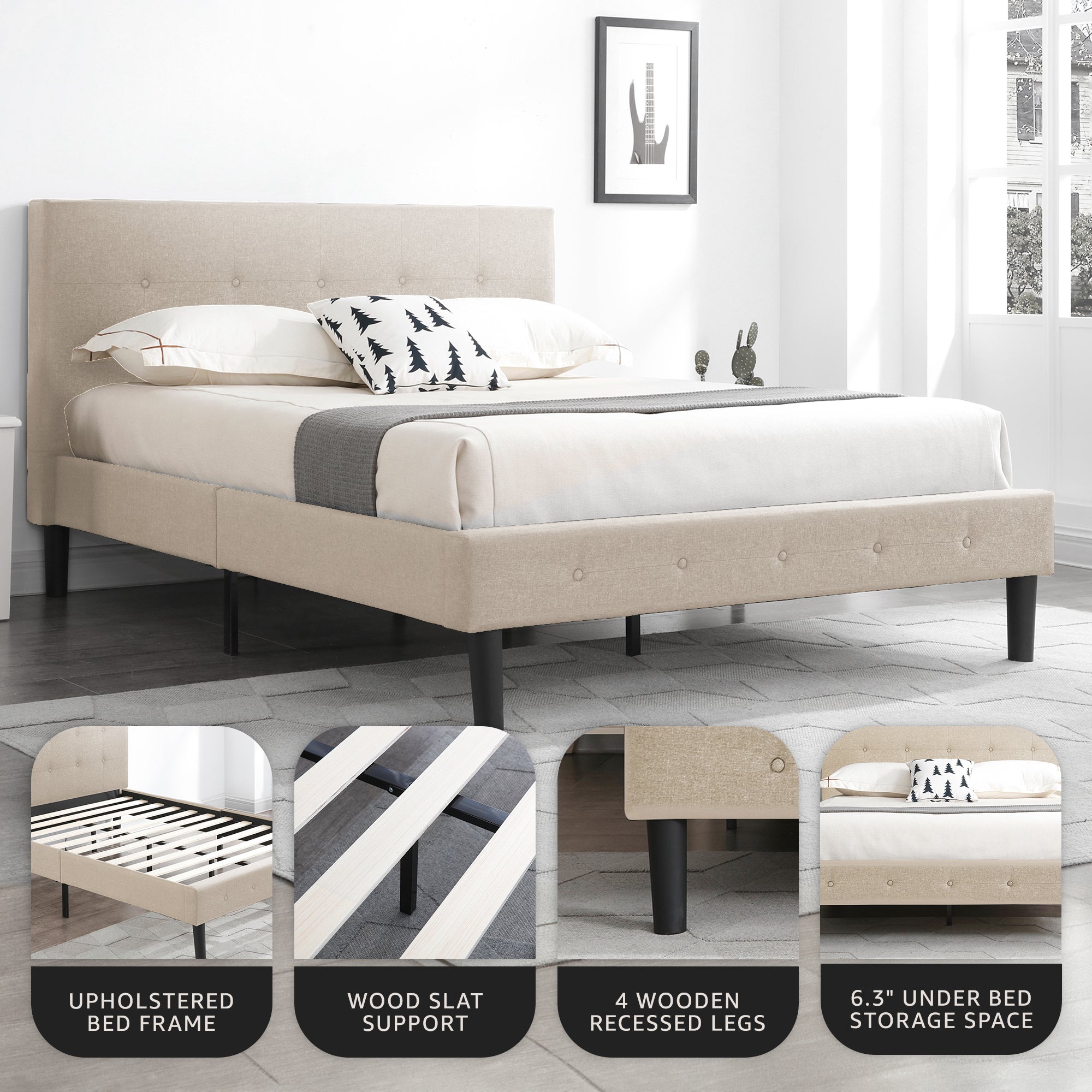 DeCoro Cambridge Upholstered Wooden Platform Bed Frame w/Headboard, King, Linen - Smart-nests