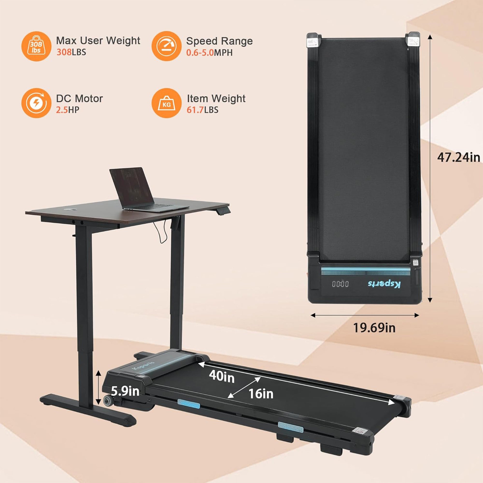 Ksports Under Desk Walking Pad Treadmill with Auto Incline and Wheels, 2.5 HP - Smart-nests