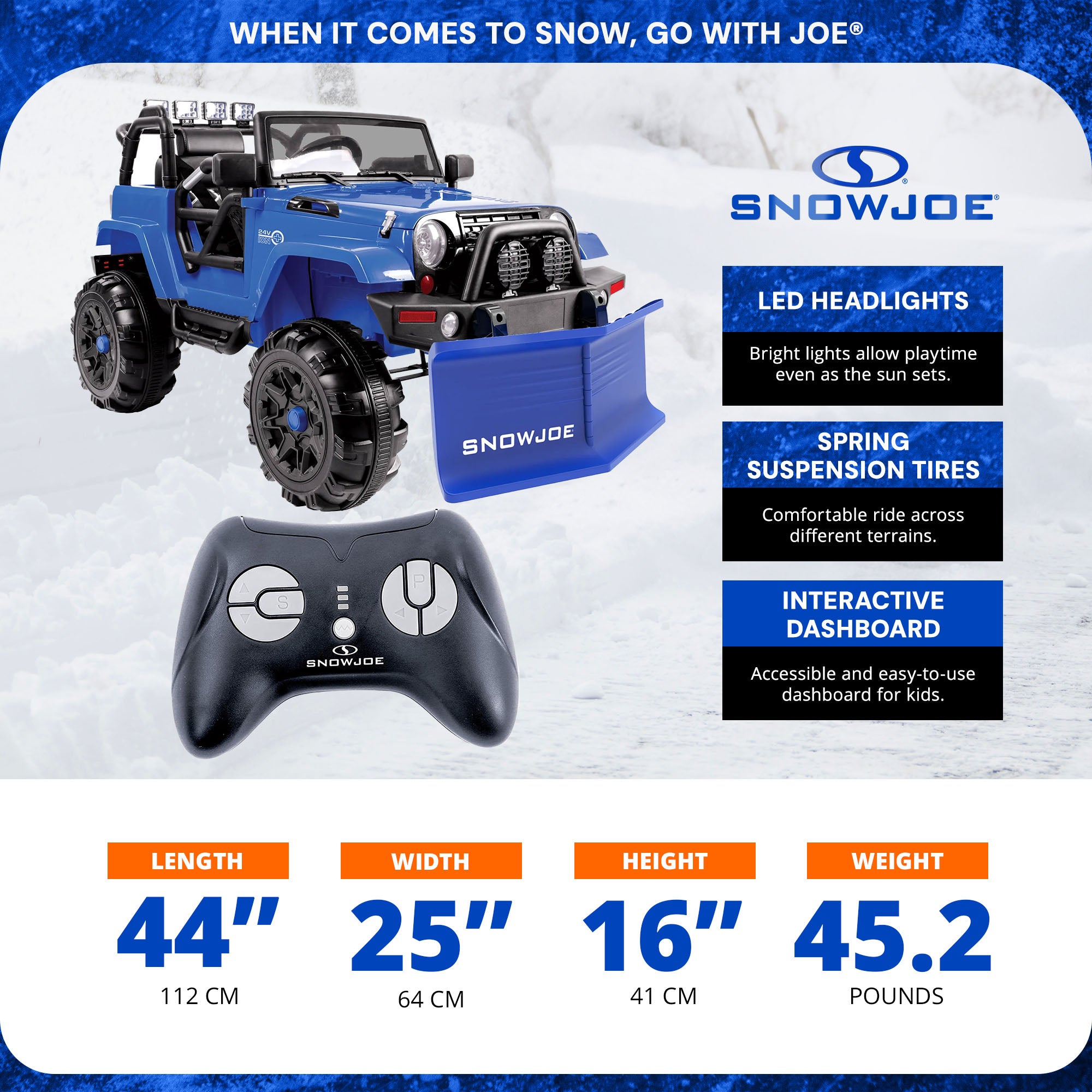 Snow Joe 24V Ride On Car Toy with Snow Plow Scoop and Parental Remote, 24V-SUV1 - Smart-nests