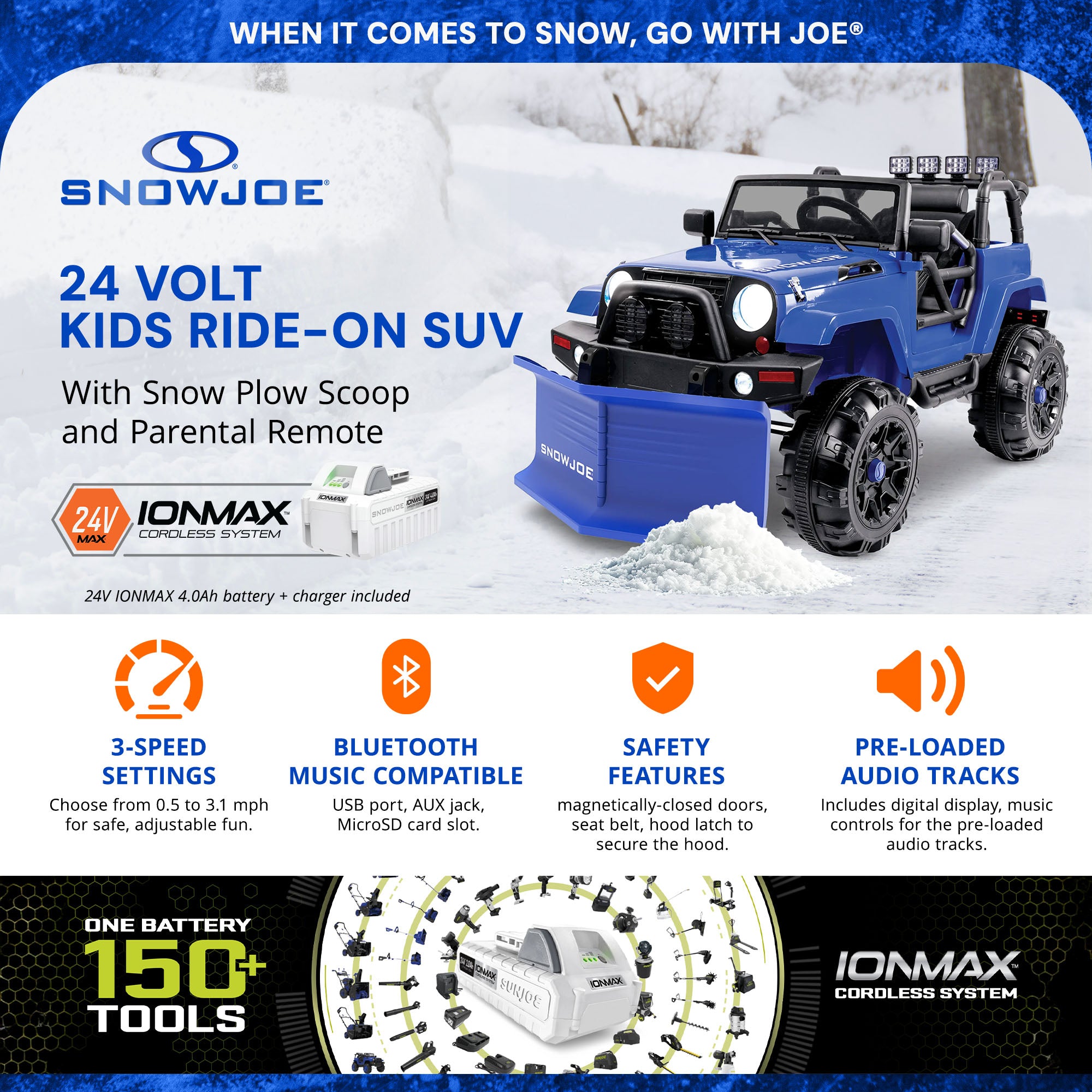 Snow Joe 24V Ride On Car Toy with Snow Plow Scoop and Parental Remote, 24V-SUV1 - Smart-nests