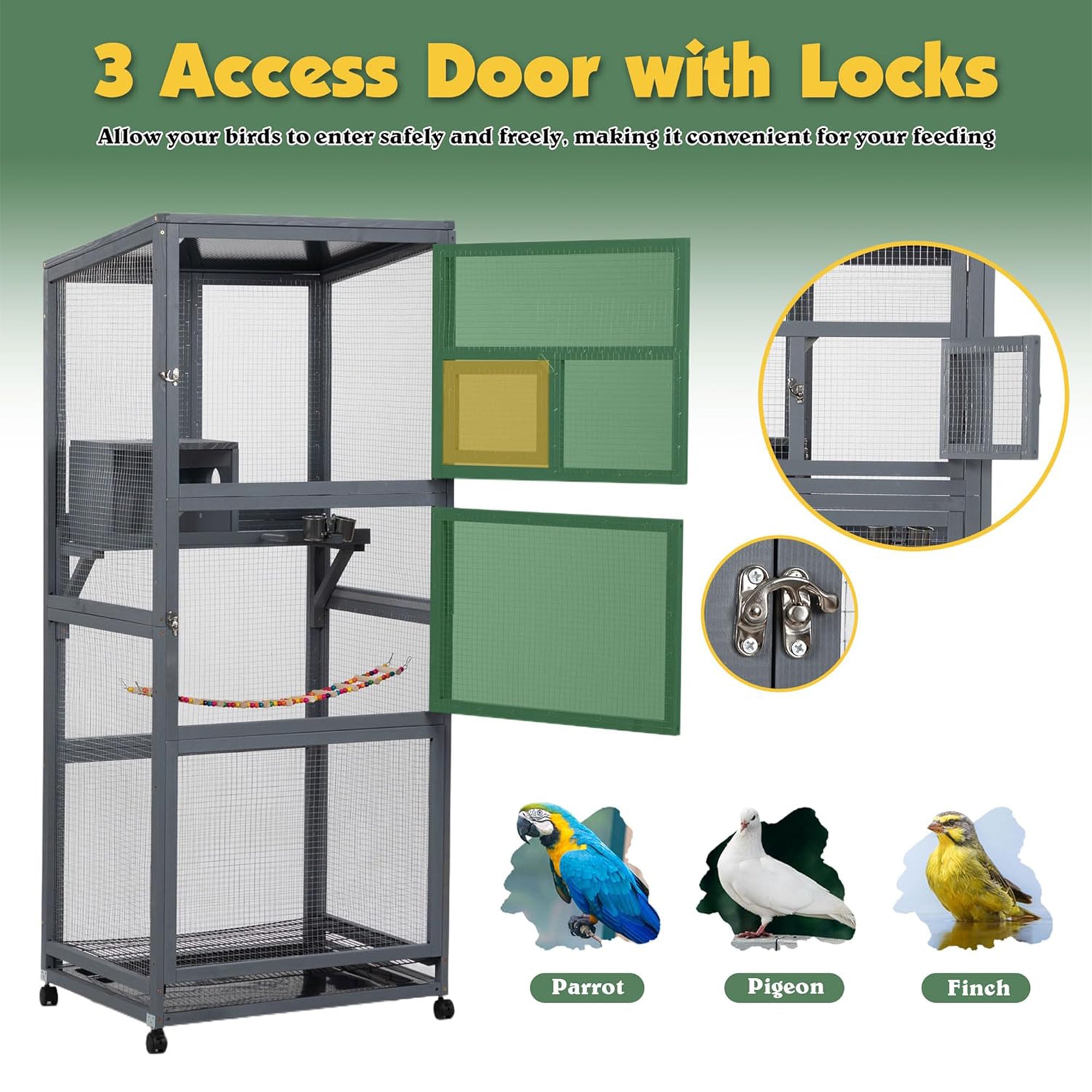 COZIWOW 68" H Large Wooden Bird Cage on Wheels, Outdoor Aviary Indoor Birdcage - Smart-nests