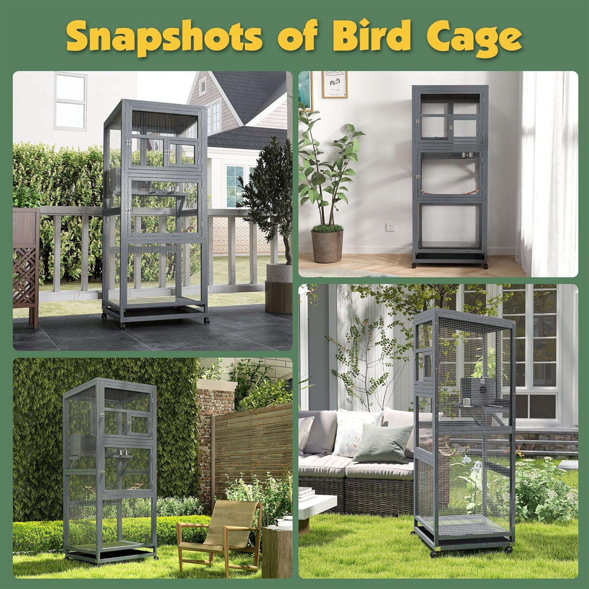 COZIWOW 68" H Large Wooden Bird Cage on Wheels, Outdoor Aviary Indoor Birdcage - Smart-nests