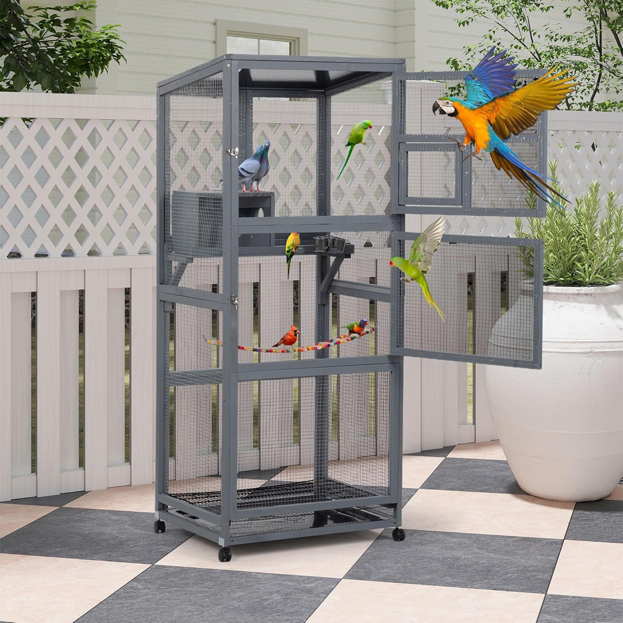 COZIWOW 68" H Large Wooden Bird Cage on Wheels, Outdoor Aviary Indoor Birdcage - Smart-nests