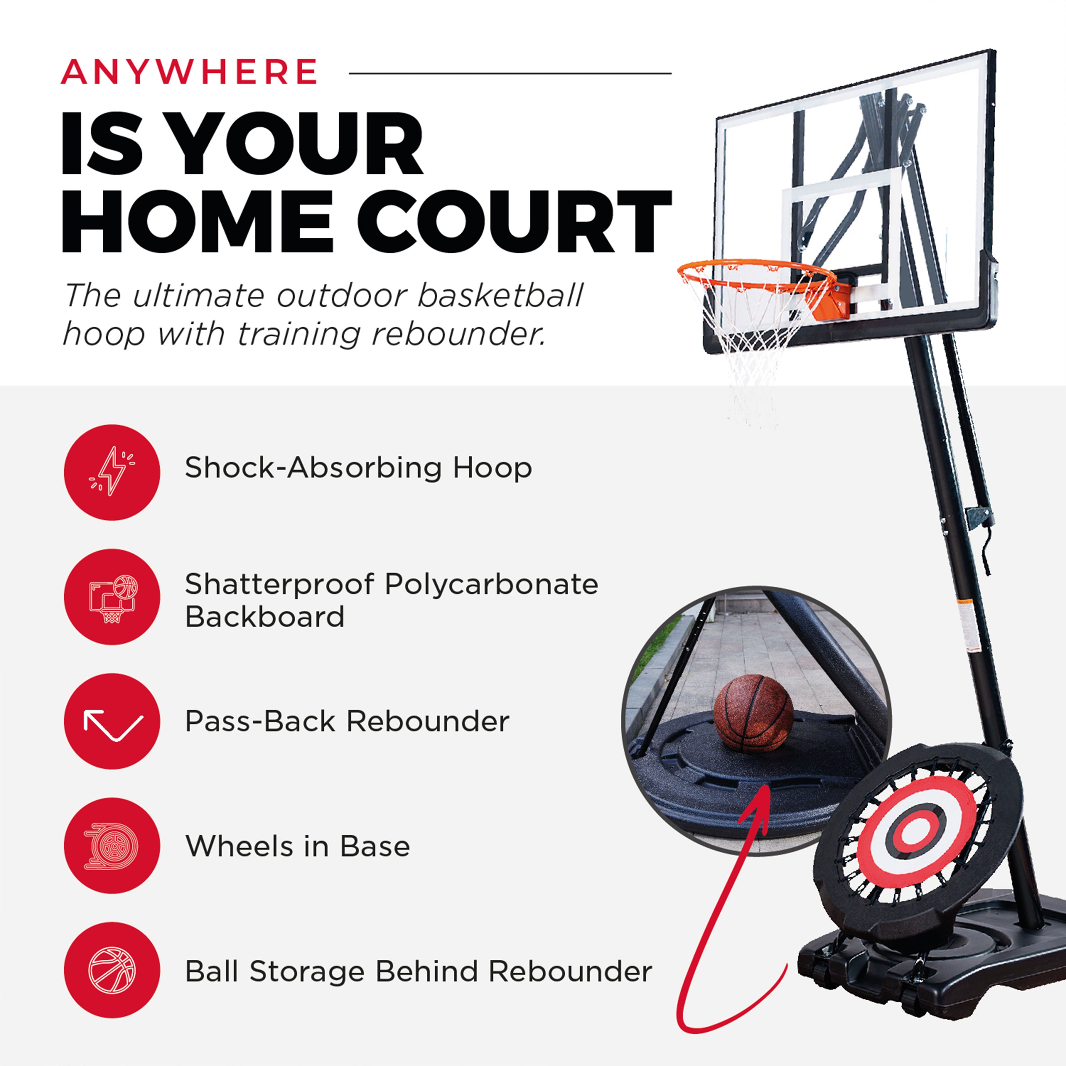 IE Sports Portable Basketball Hoop, Adjustable Height, 44" Backboard & Rebounder - Smart-nests