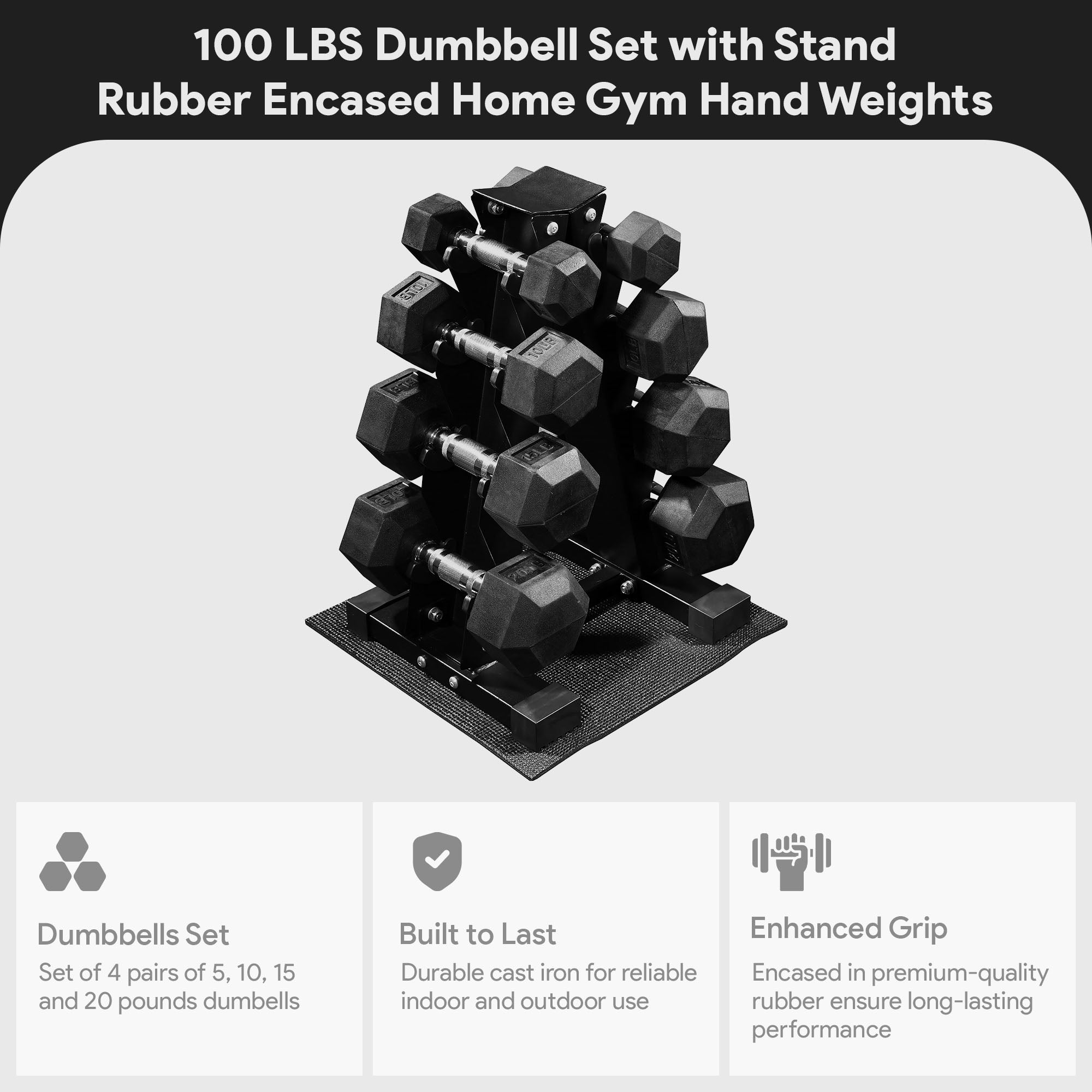 BalanceFrom Dumbbell Set with Stand, Rubber Encased Home Gym Hand Weights, 100lb - Smart-nests