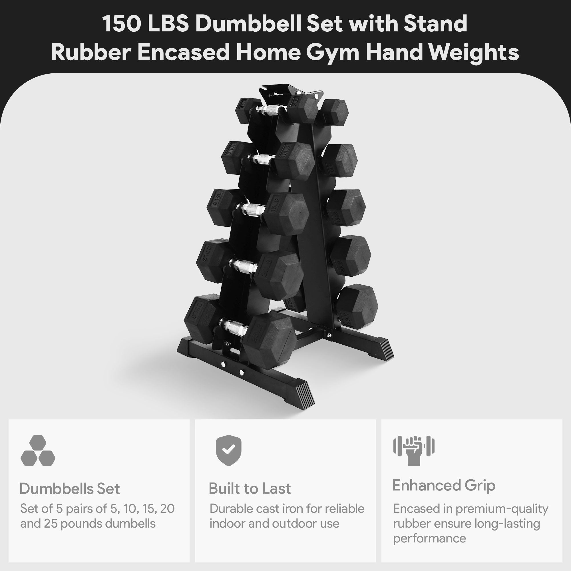BalanceFrom Dumbbell Set with Stand, Rubber Encased Home Gym Hand Weights, 150lb - Smart-nests