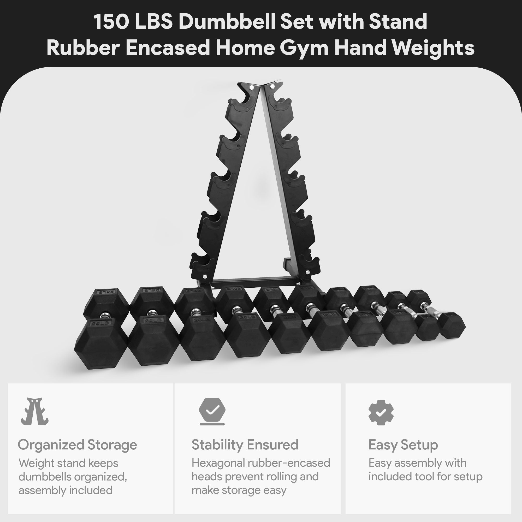 BalanceFrom Dumbbell Set with Stand, Rubber Encased Home Gym Hand Weights, 150lb - Smart-nests