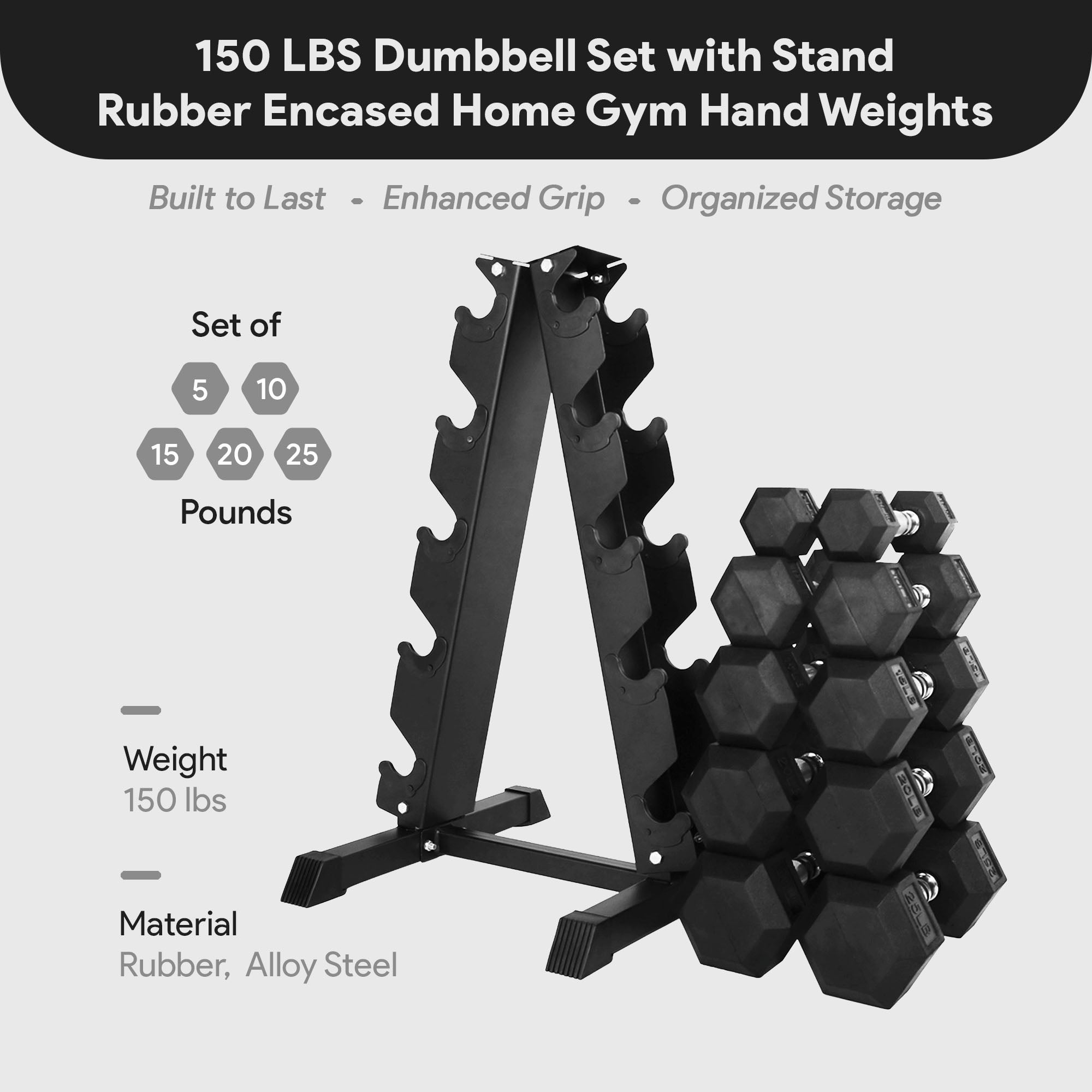 BalanceFrom Dumbbell Set with Stand, Rubber Encased Home Gym Hand Weights, 150lb - Smart-nests