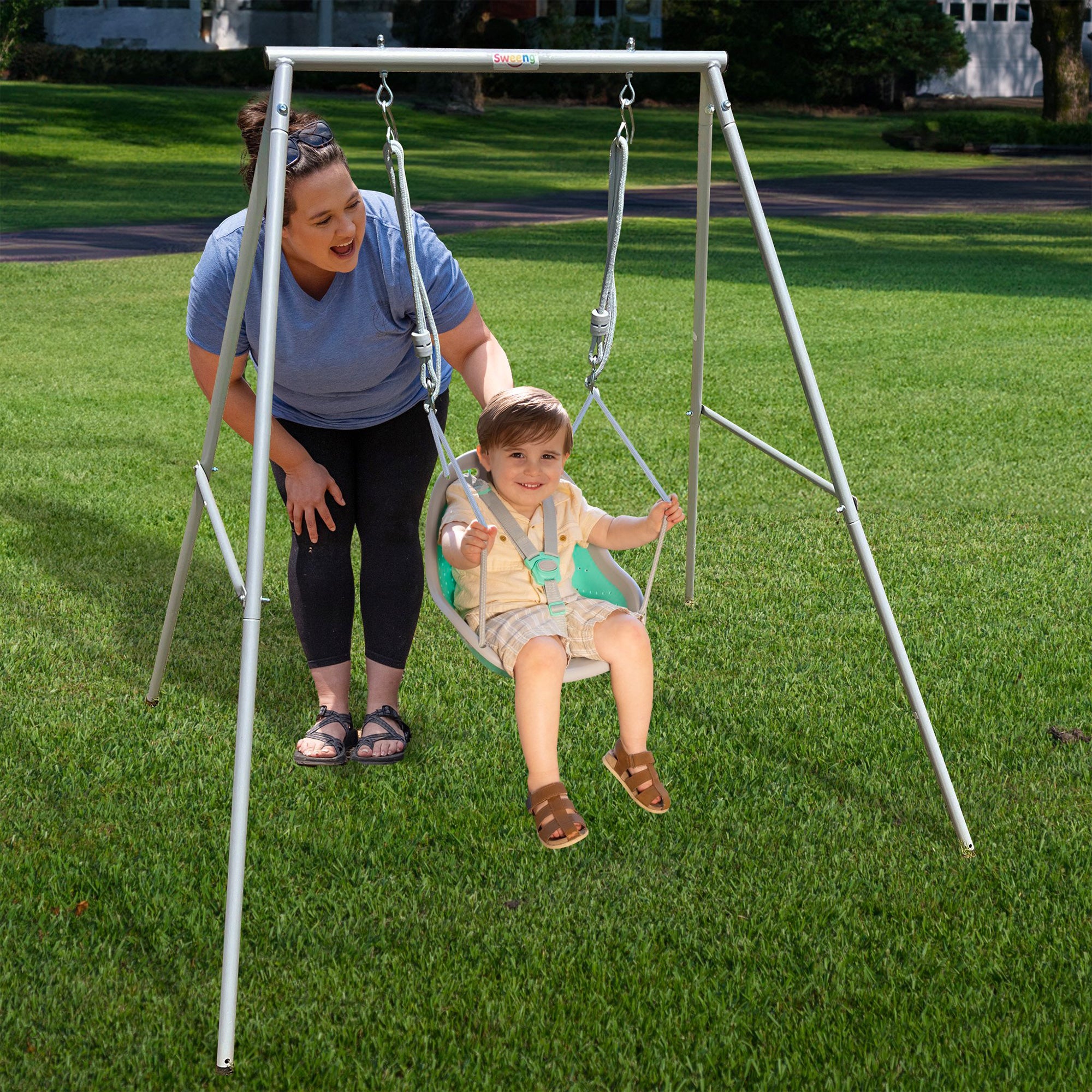XDP Recreation Sweeng Child Swing with Frame, Portable Backyard Play Set, Aqua - Smart-nests