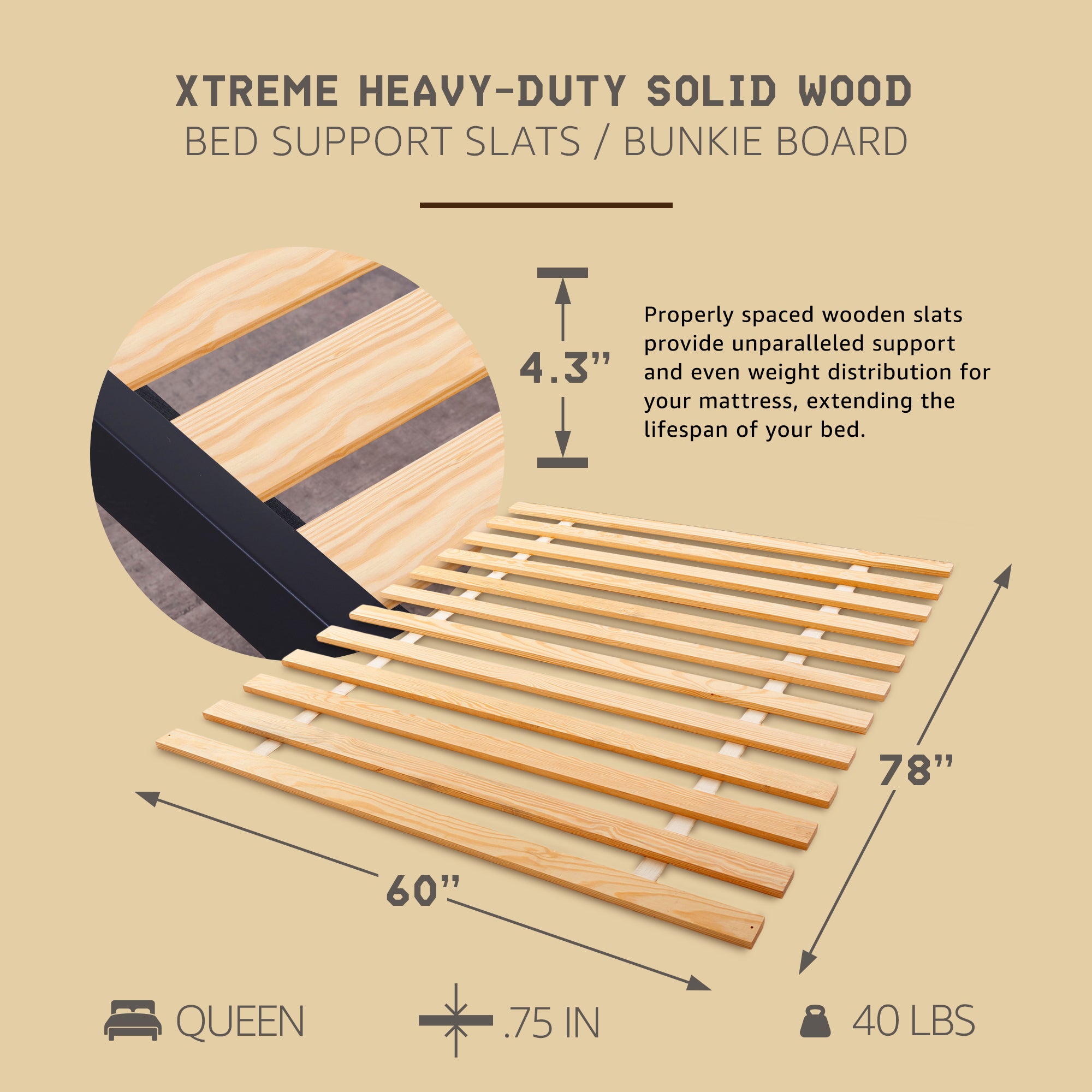 Hercules Xtreme Heavy-Duty Solid Pine Wood Bed Slats Bunkie Board, Queen Size - Smart-nests