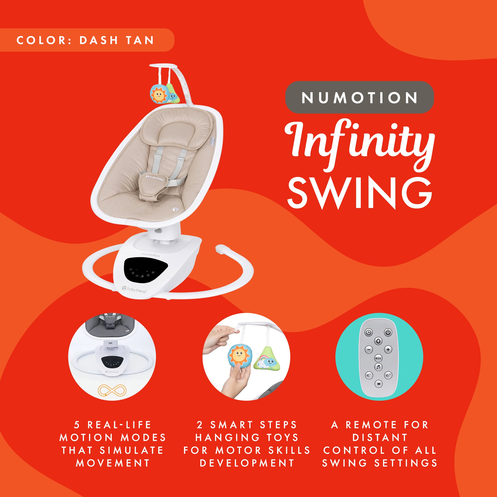 Baby Trend NuMotion Infinity Swing, 5-Motion Newborn to Infant Rocker, Dash Tan - Smart-nests