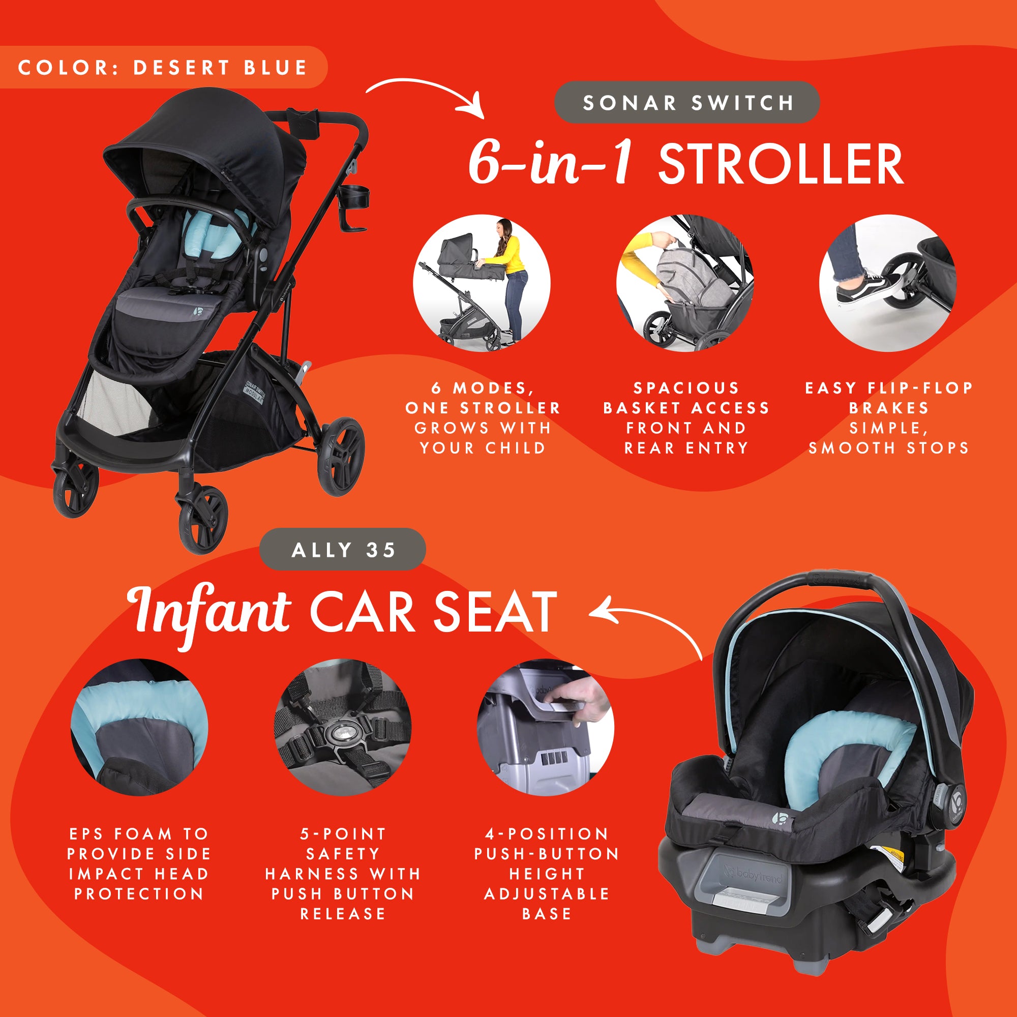 Baby Trend Modular Stroller Sonar Switch with Ally Infant Car Seat, Desert Blue - Smart-nests
