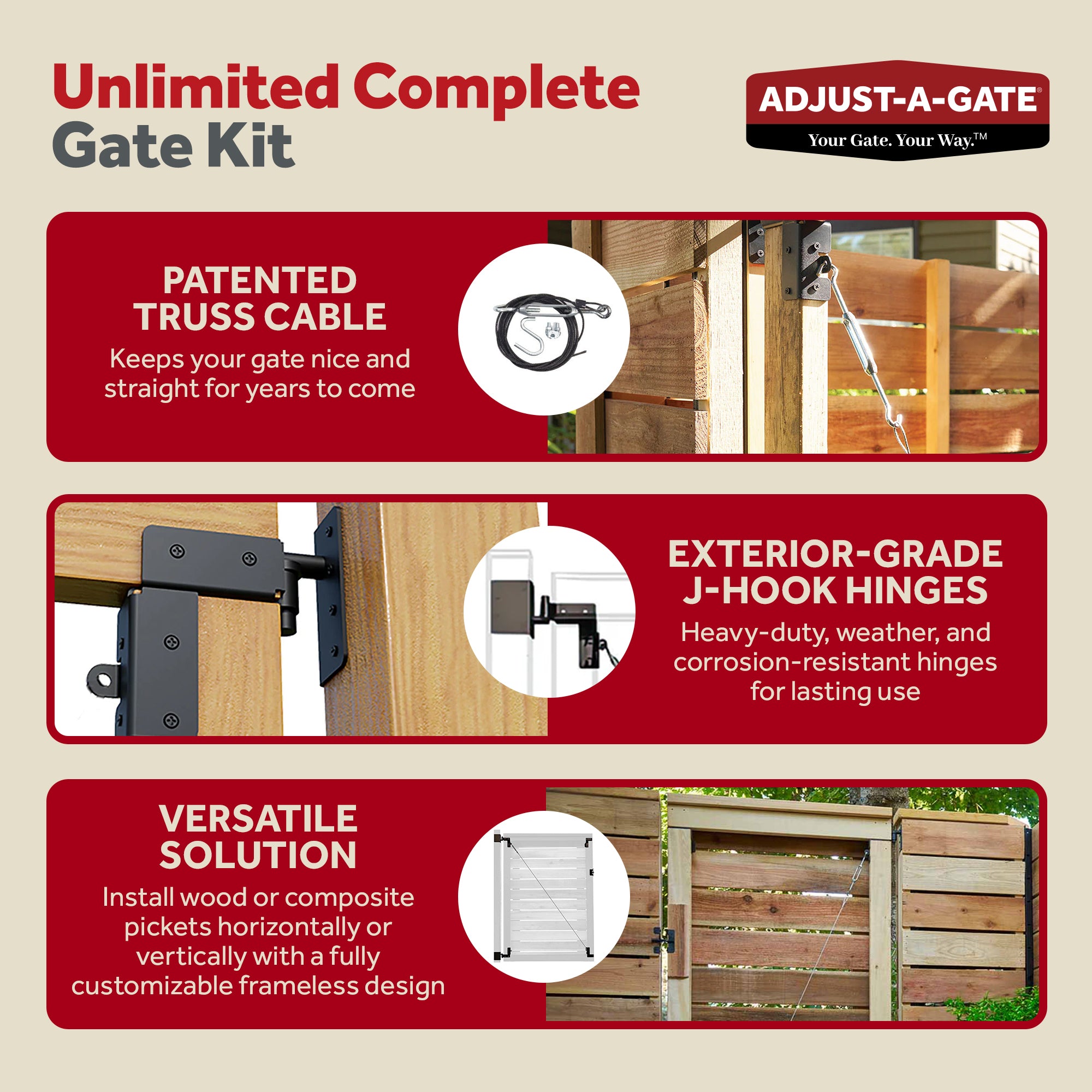 Adjust-A-Gate Unlimited Frameless Anti-Sag Gate Kit, Fits Openings Up to 72"x84" - Smart-nests