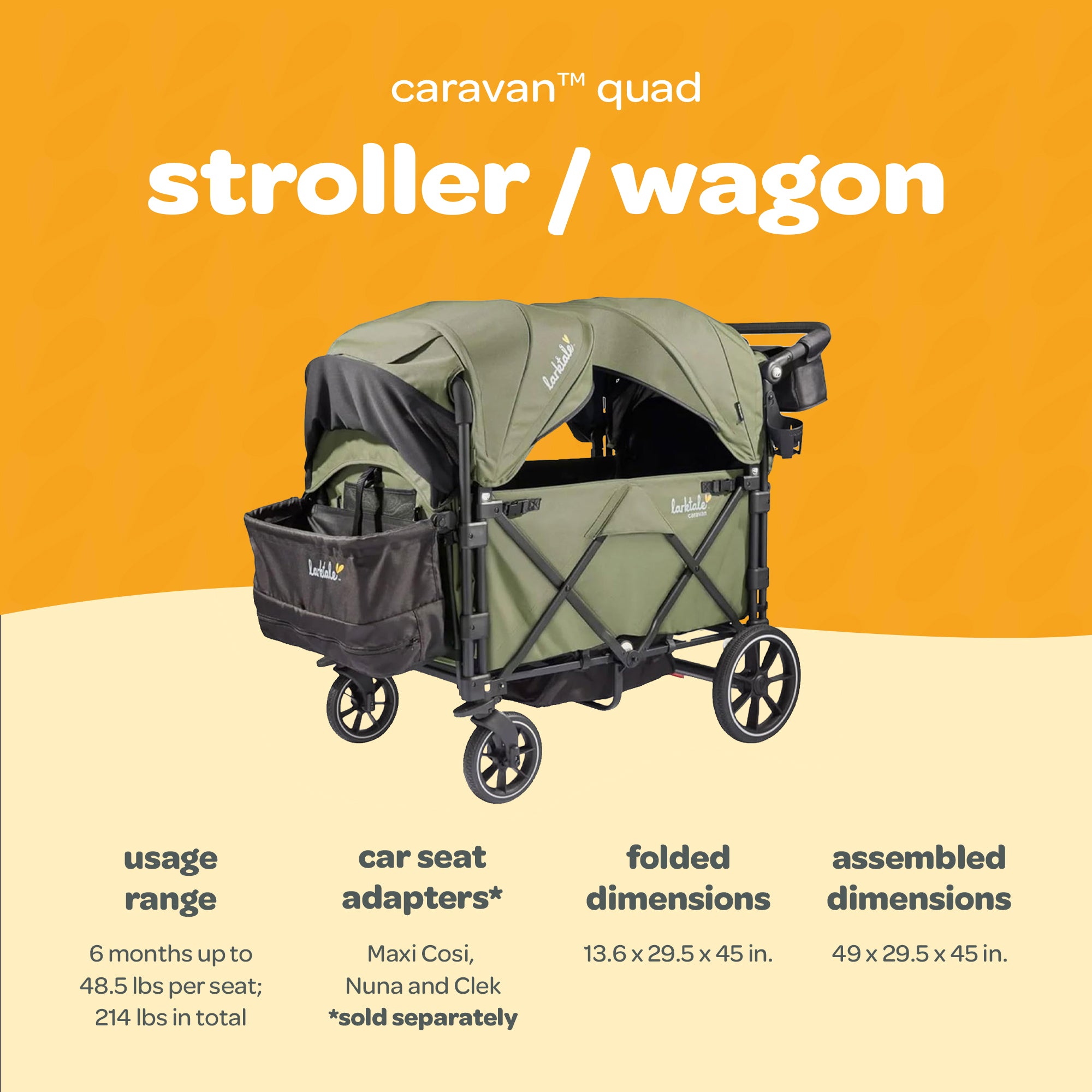 Larktale Caravan Quad Stroller, 4-Seater Wagon, 214 lb Capacity, Chelsea Green - Smart-nests