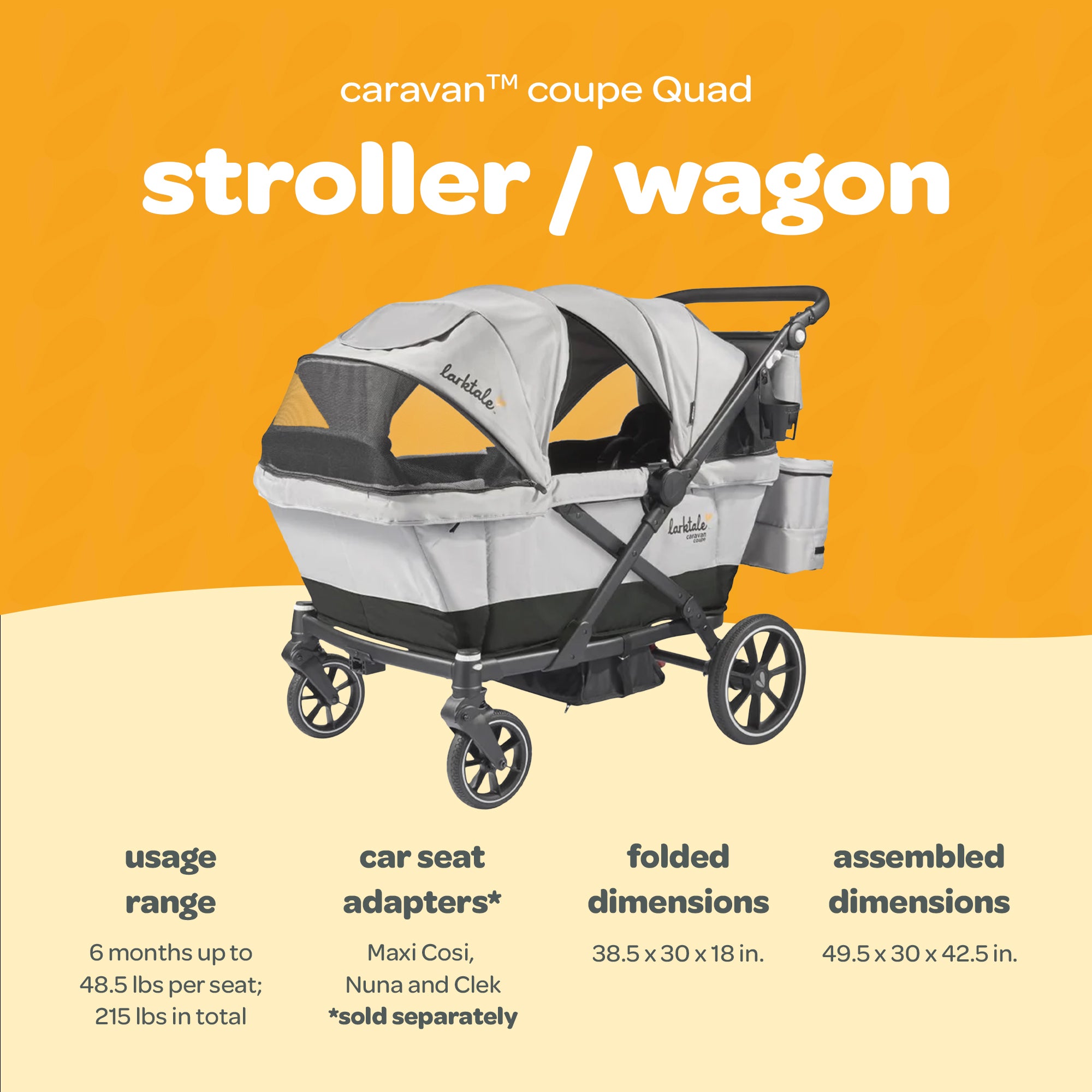 Larktale Caravan Coupe Quad Compact Stroller Reclining 4-Seat Wagon, Gray/Black - Smart-nests