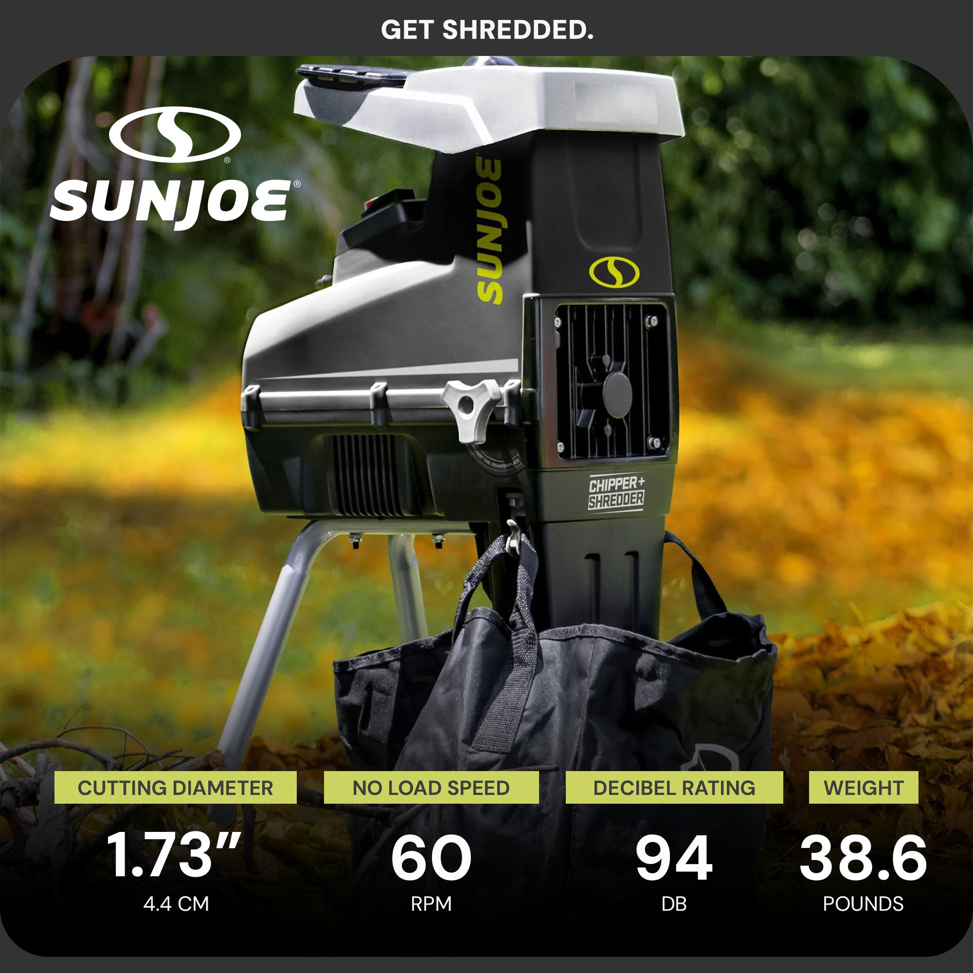 Sun Joe Silent Wood Chipper Shredder, 15 Amp Machine with 1.7" Diameter, CJ603E - Smart-nests