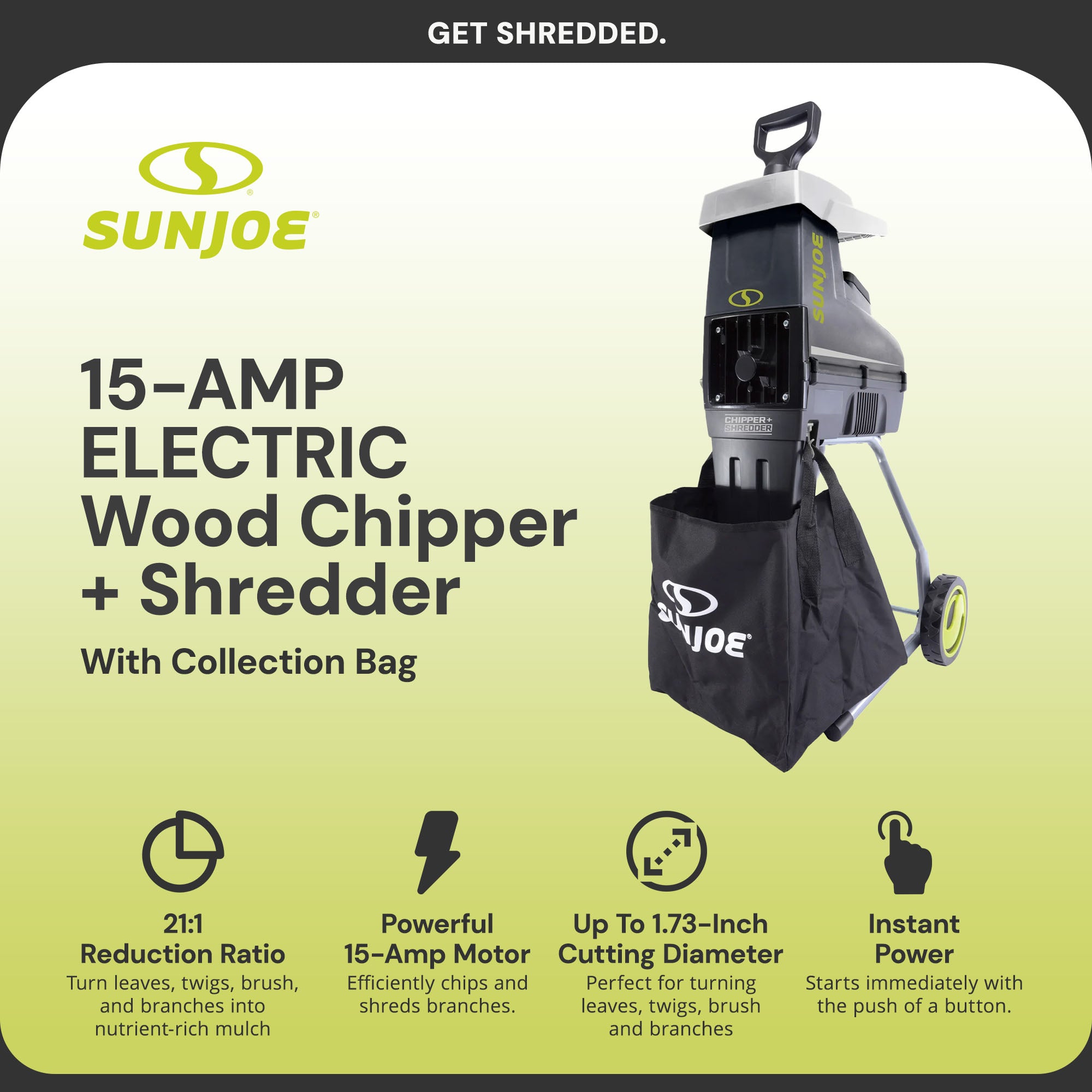 Sun Joe Silent Wood Chipper Shredder, 15 Amp Machine with 1.7" Diameter, CJ603E - Smart-nests