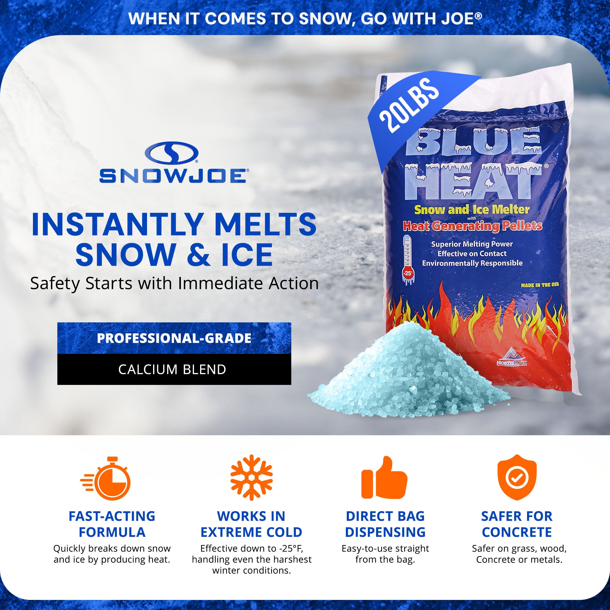 Snow Joe Blue Heat Snow & Ice Melter, Heat Pellets, Non-Staining, 20 lb, BH20