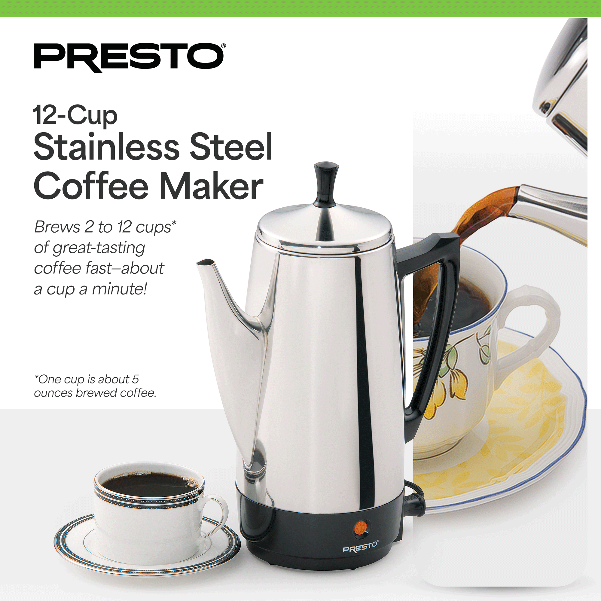 Presto Stainless Steel Coffee Maker, 12 Cup Robust Percolator Coffee, Silver - Smart-nests