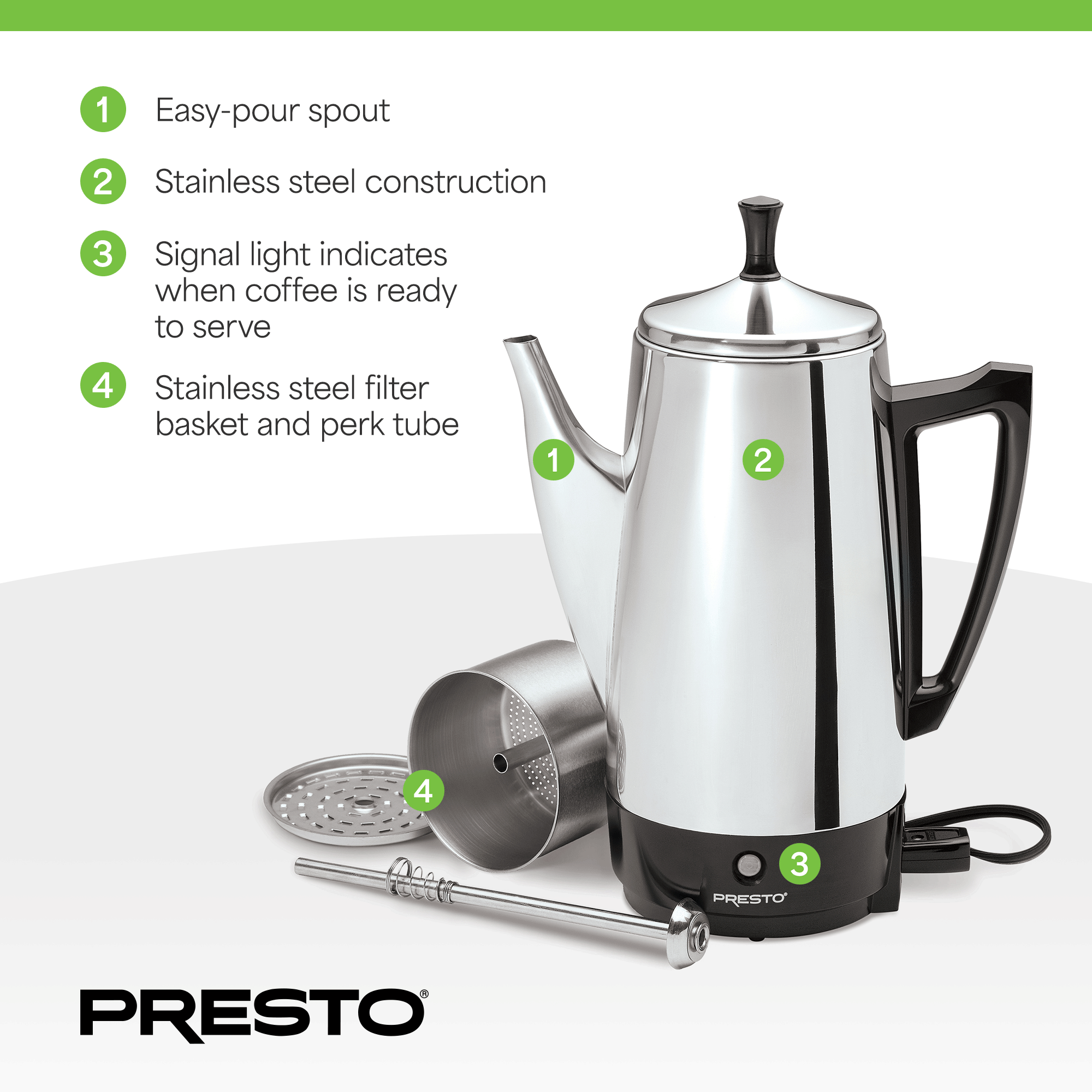 Presto Stainless Steel Coffee Maker, 12 Cup Robust Percolator Coffee, Silver - Smart-nests