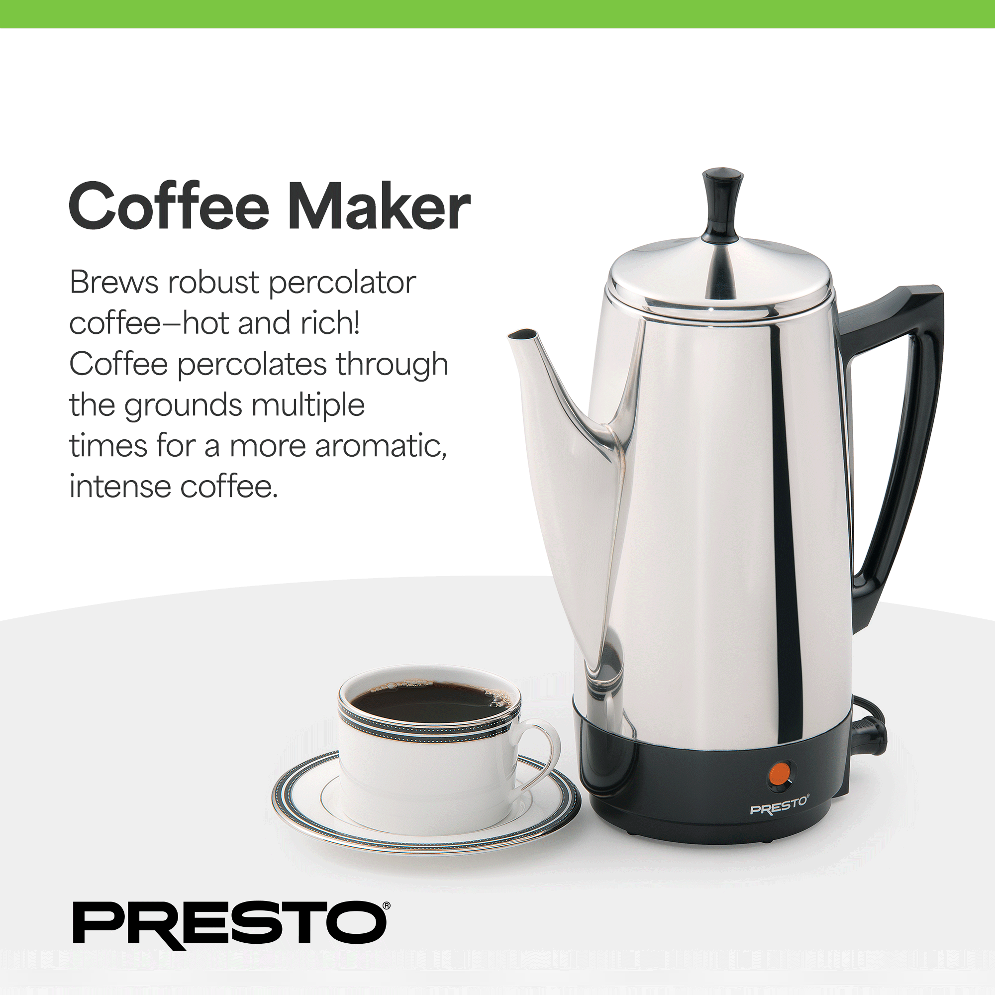 Presto Stainless Steel Coffee Maker, 12 Cup Robust Percolator Coffee, Silver - Smart-nests