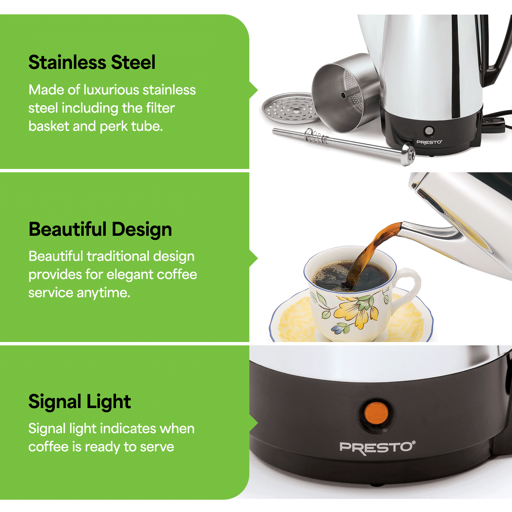 Presto Stainless Steel Coffee Maker, 12 Cup Robust Percolator Coffee, Silver - Smart-nests
